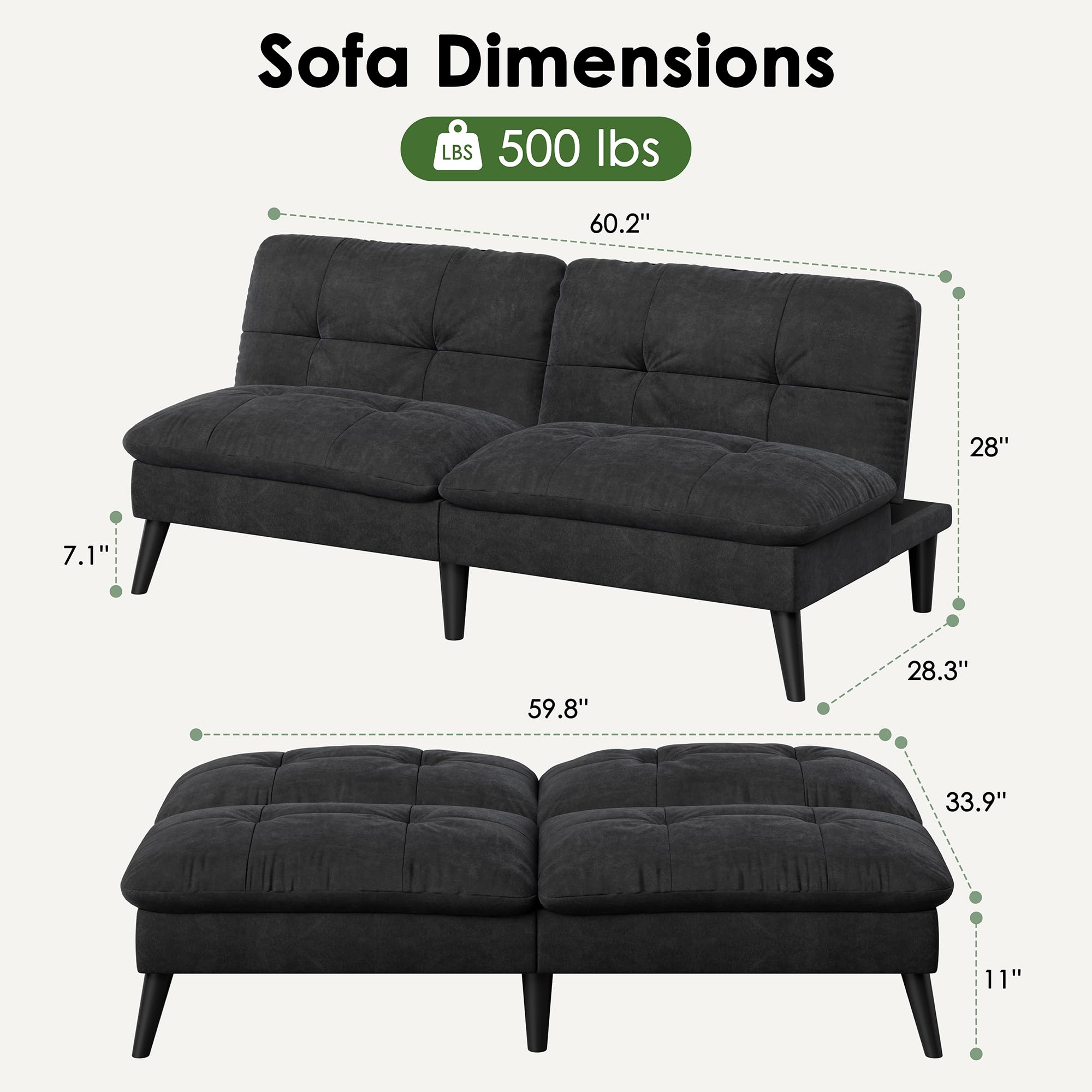 Convertible Futon Sofa Bed with Adjustable Backrest