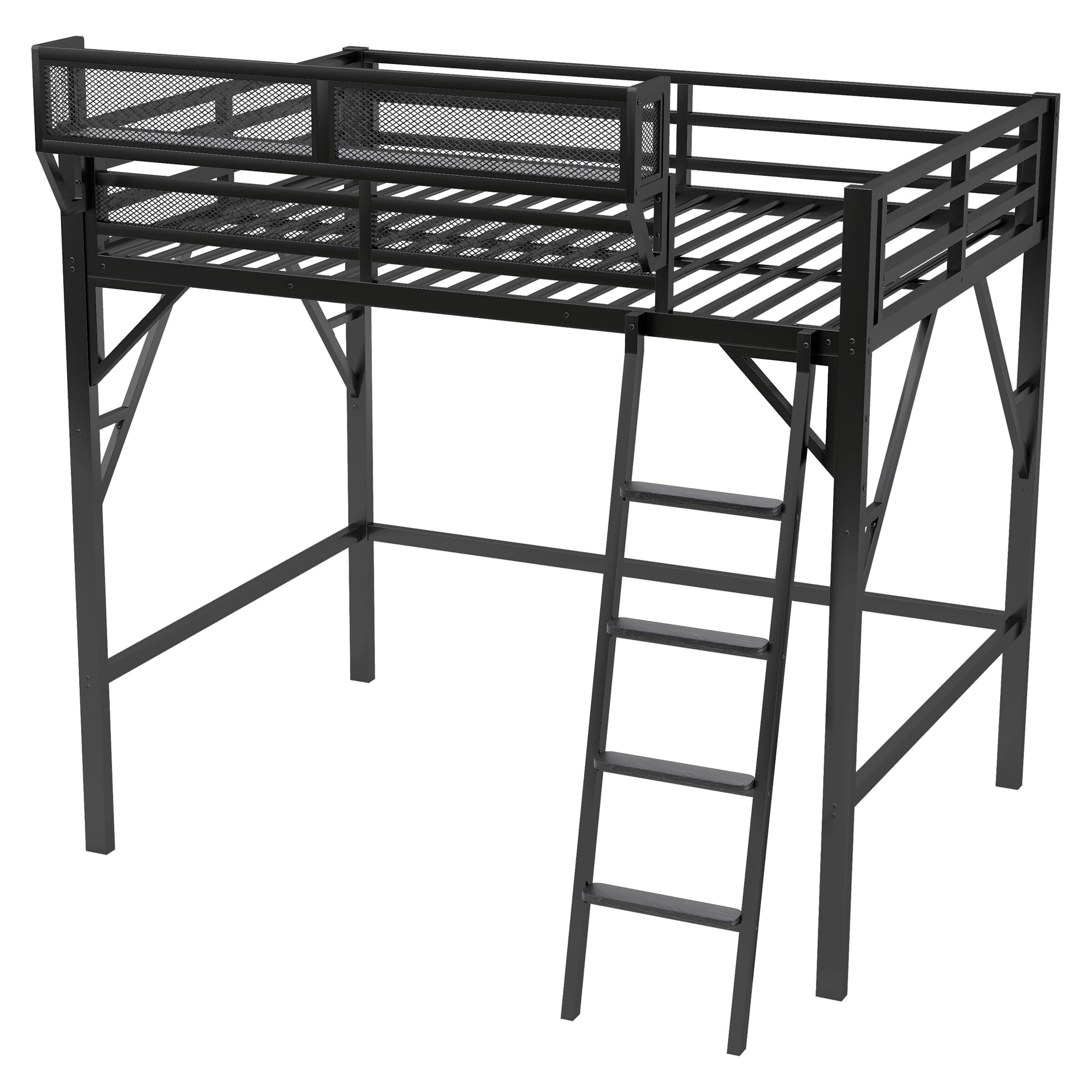 Full Size Metal Loft Bed Frame with Ladder and Storage Shelves
