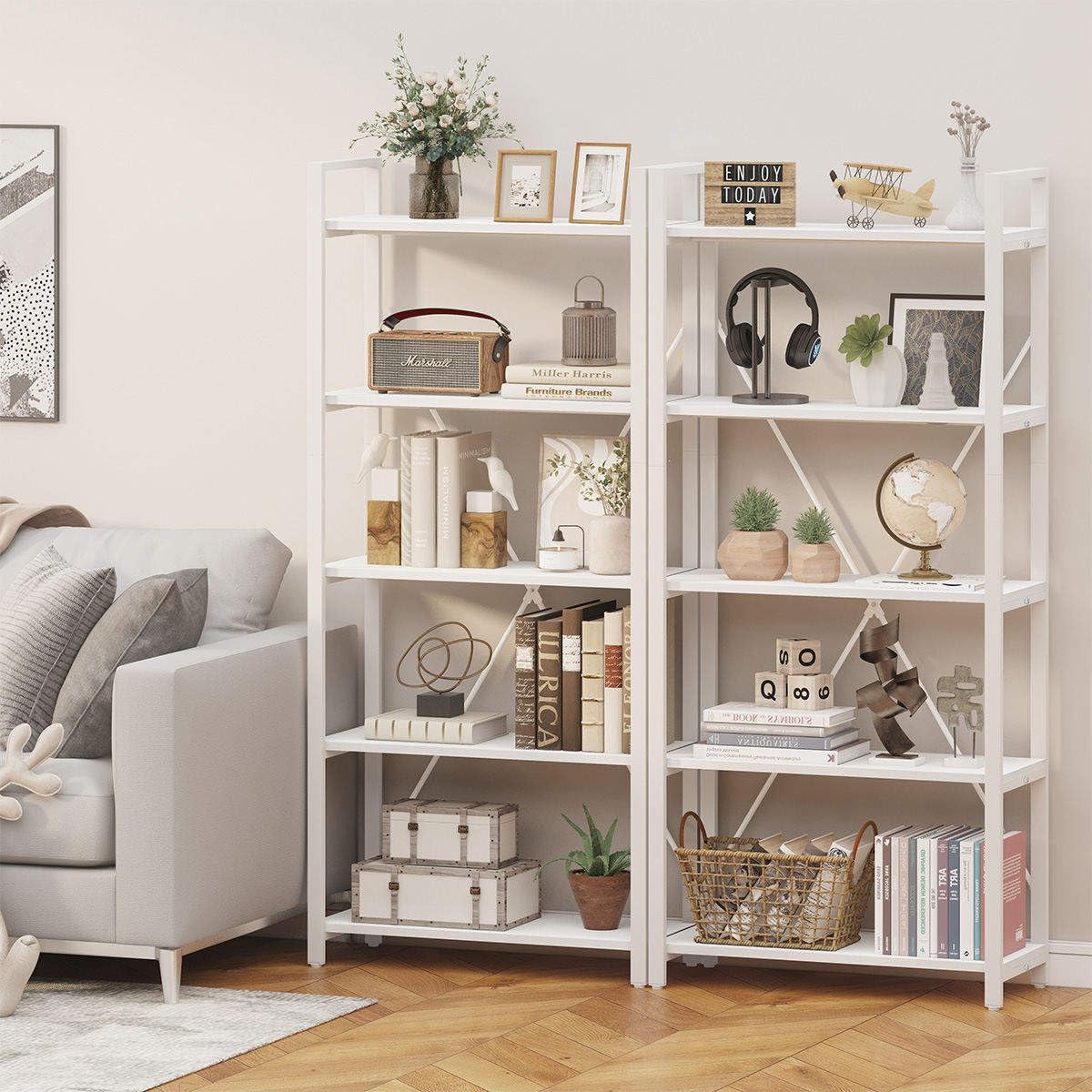 5 Tier Bookshelf Metal and Wood Etagere