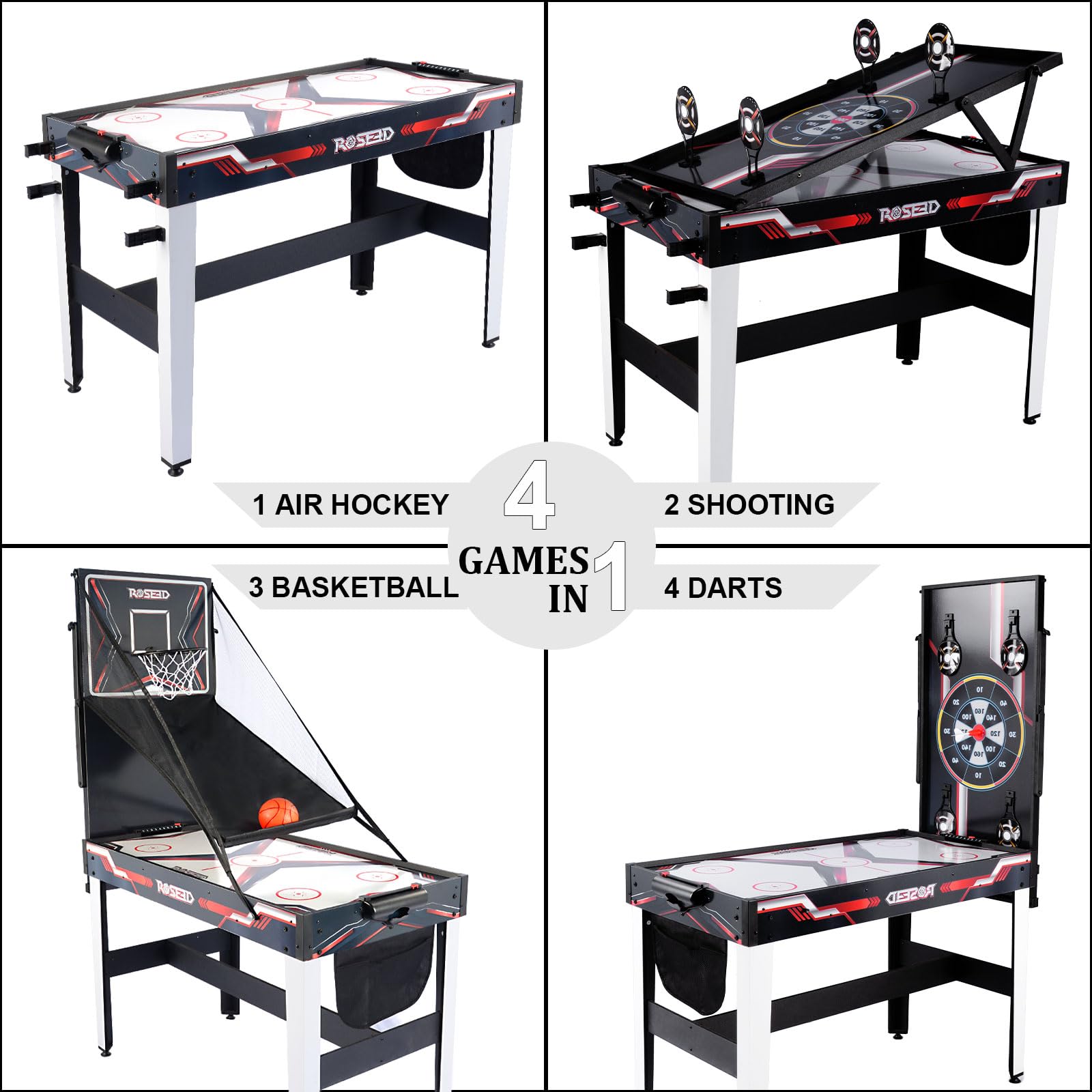 4-in-1 Combo Game Table with Air Hockey, Basketball, Darts & Shooting