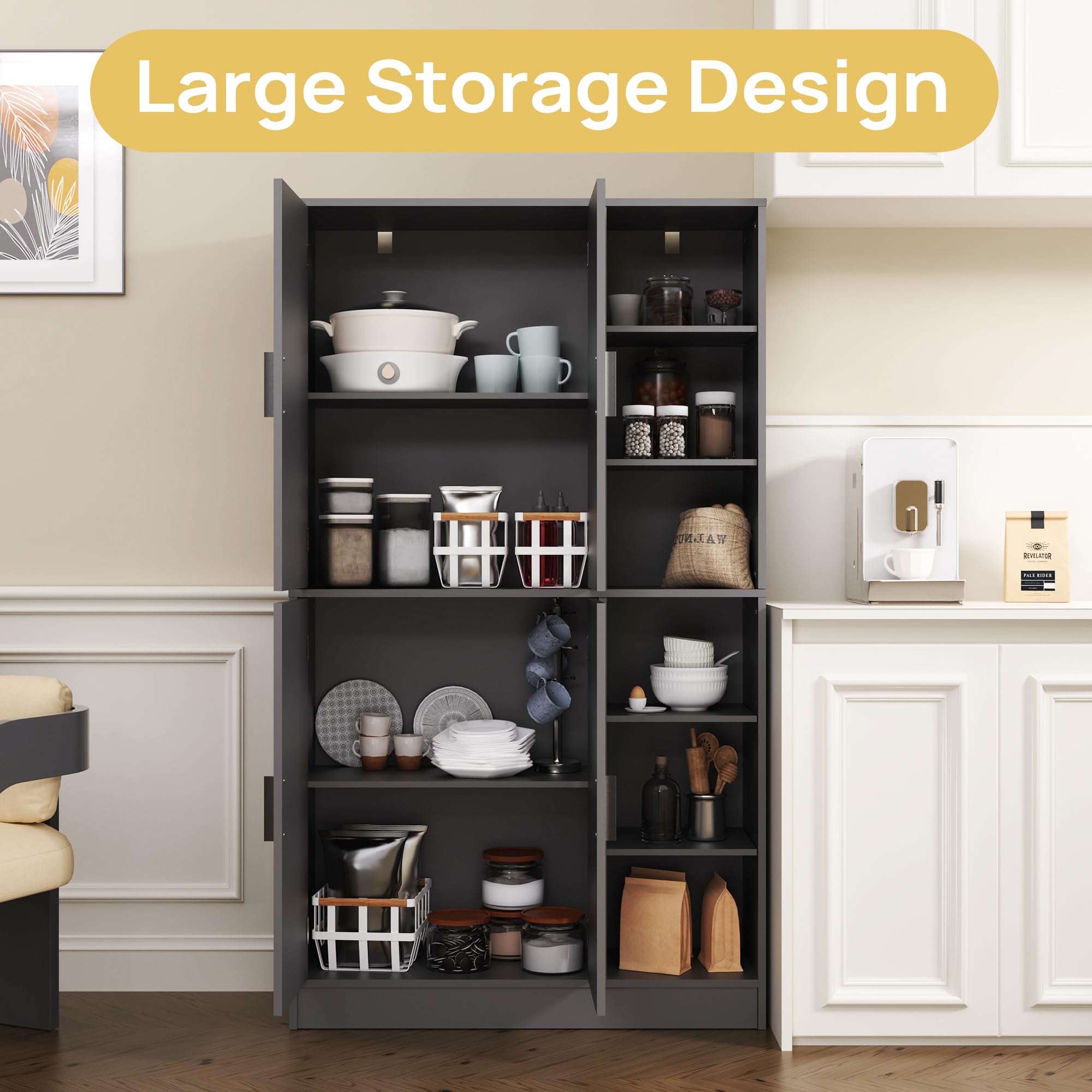 63" Tall Black Kitchen Pantry Storage Cabinet