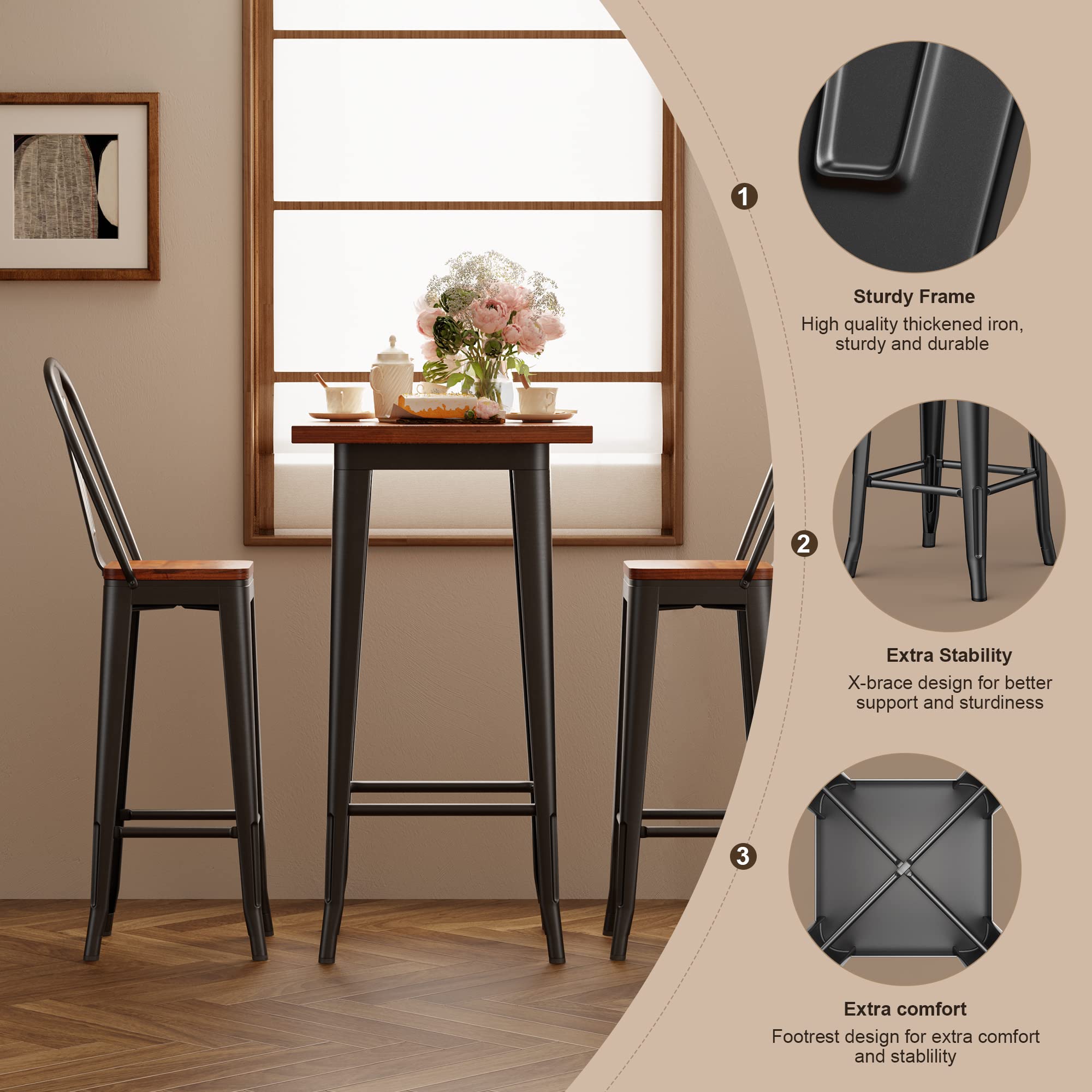 Bar Table and Chairs Set of 2 with Elm Wood and Metal Frame