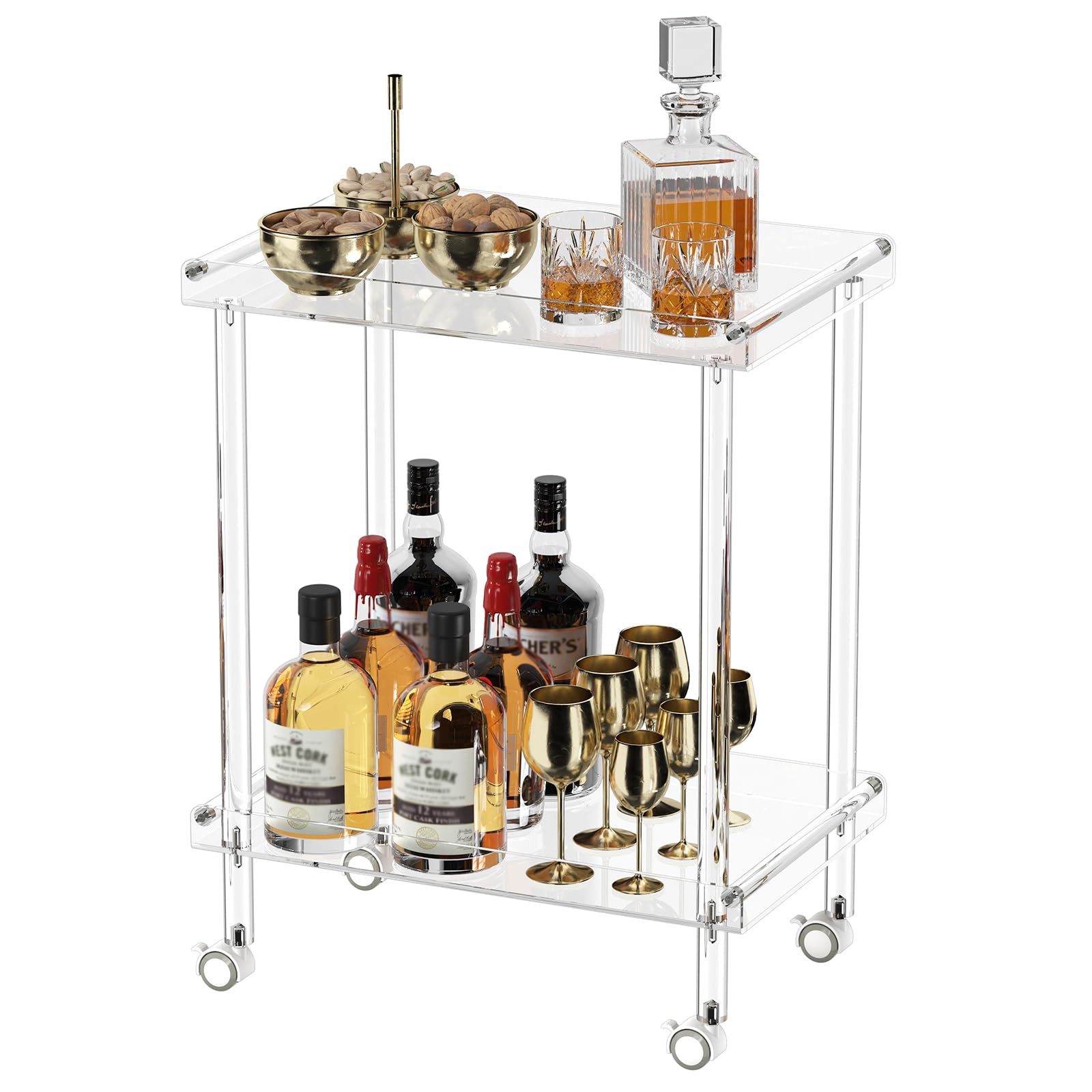 Acrylic Bar Cart with Lockable Wheels - 2 Tier Rolling Serving Cart