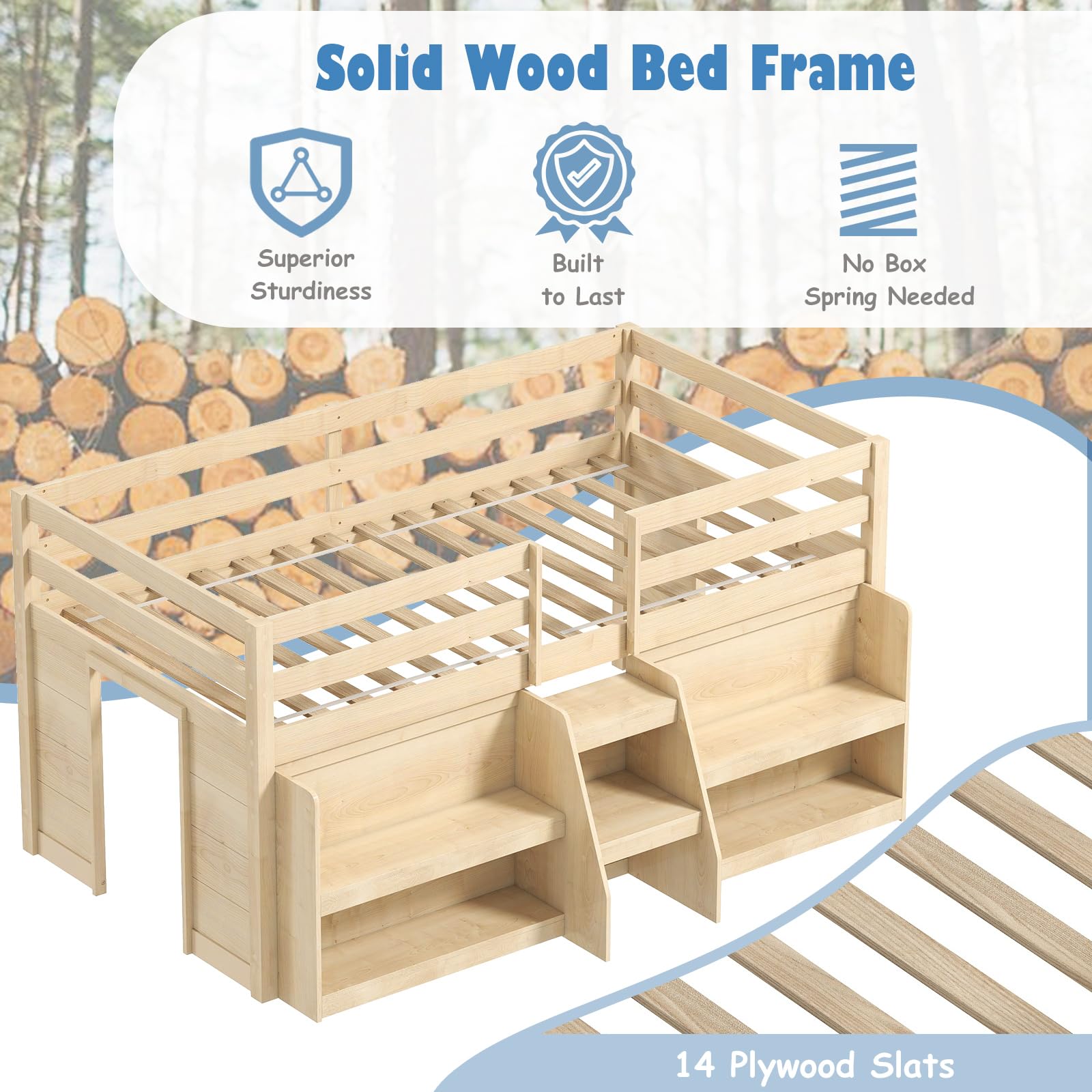 Low Loft Bed with LED Light and Bookcases