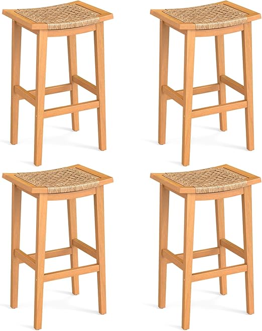 Outdoor Wooden Bar Stools Set of 2, 29" Backless with PE Rattan Saddle Seat
