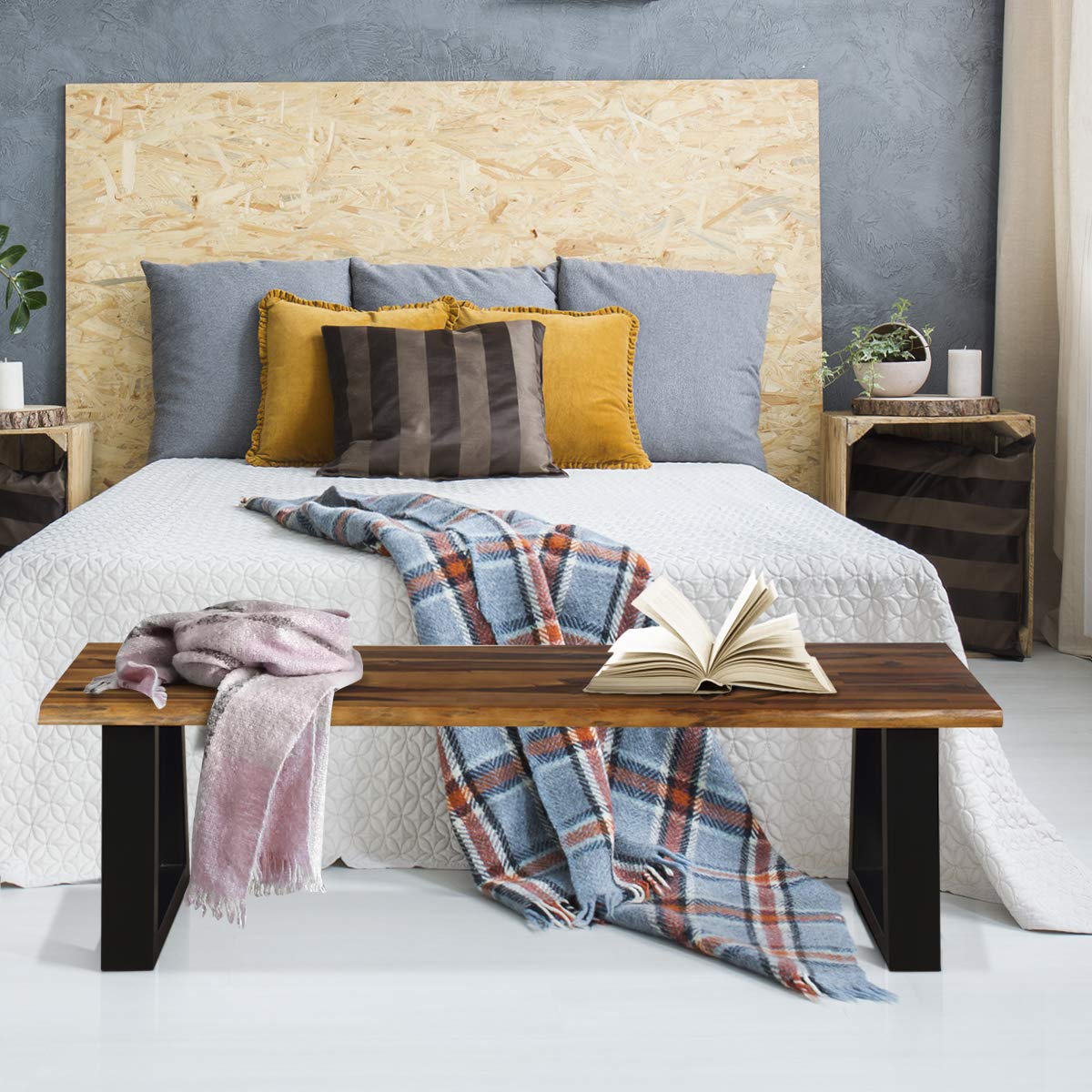 Acacia Wood Outdoor Bench Rustic Brown Black