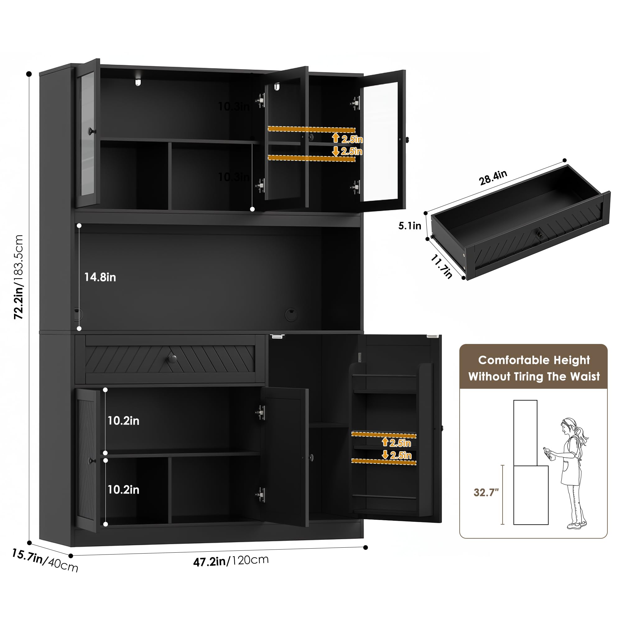 72" Tall Kitchen Pantry Storage Cabinet with Glass Doors