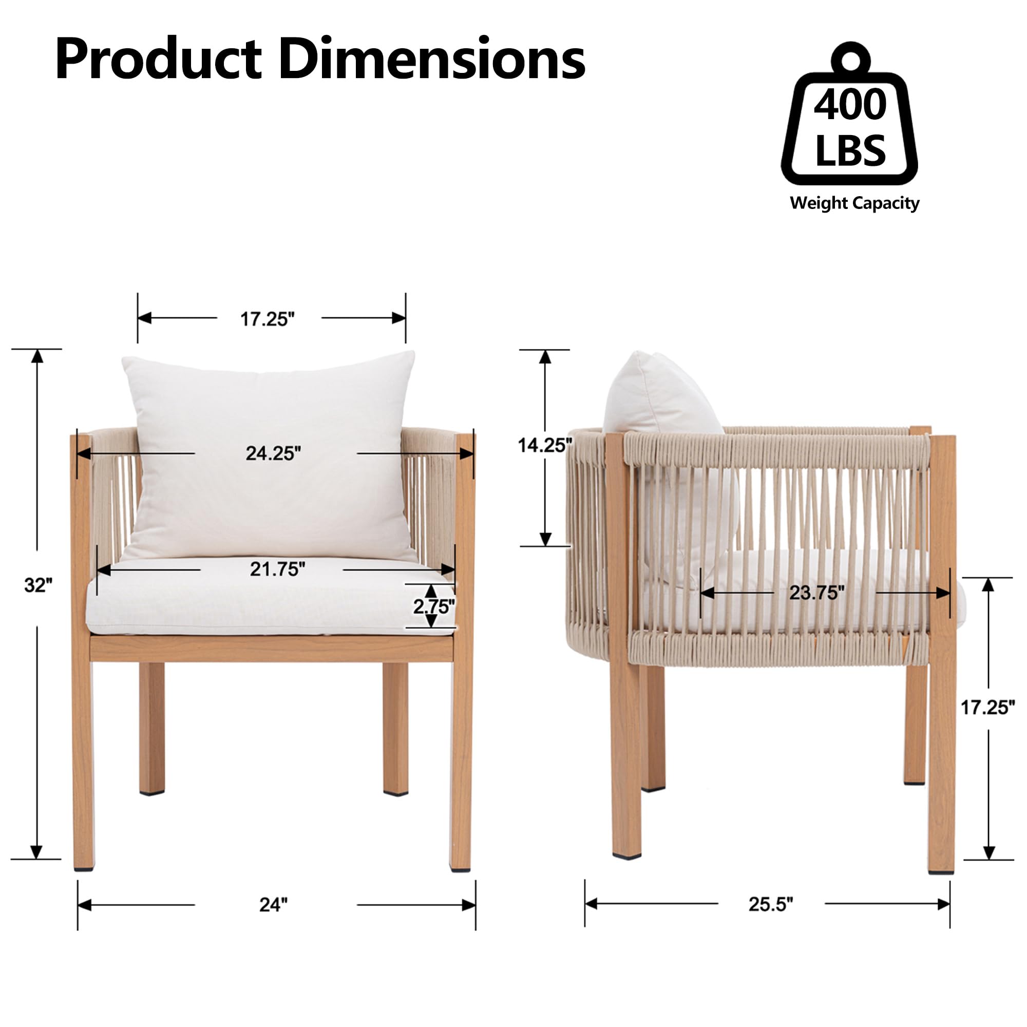 DAYARUS Patio Dining Chairs Set of 6, Rope Rattan Patio Furniture Set, All Weather Outdoor Dining Chairs with Cushions, Metal Barrel Dining Room Chair, Modern Kitchen Chair for Balcony/Porch, Beige