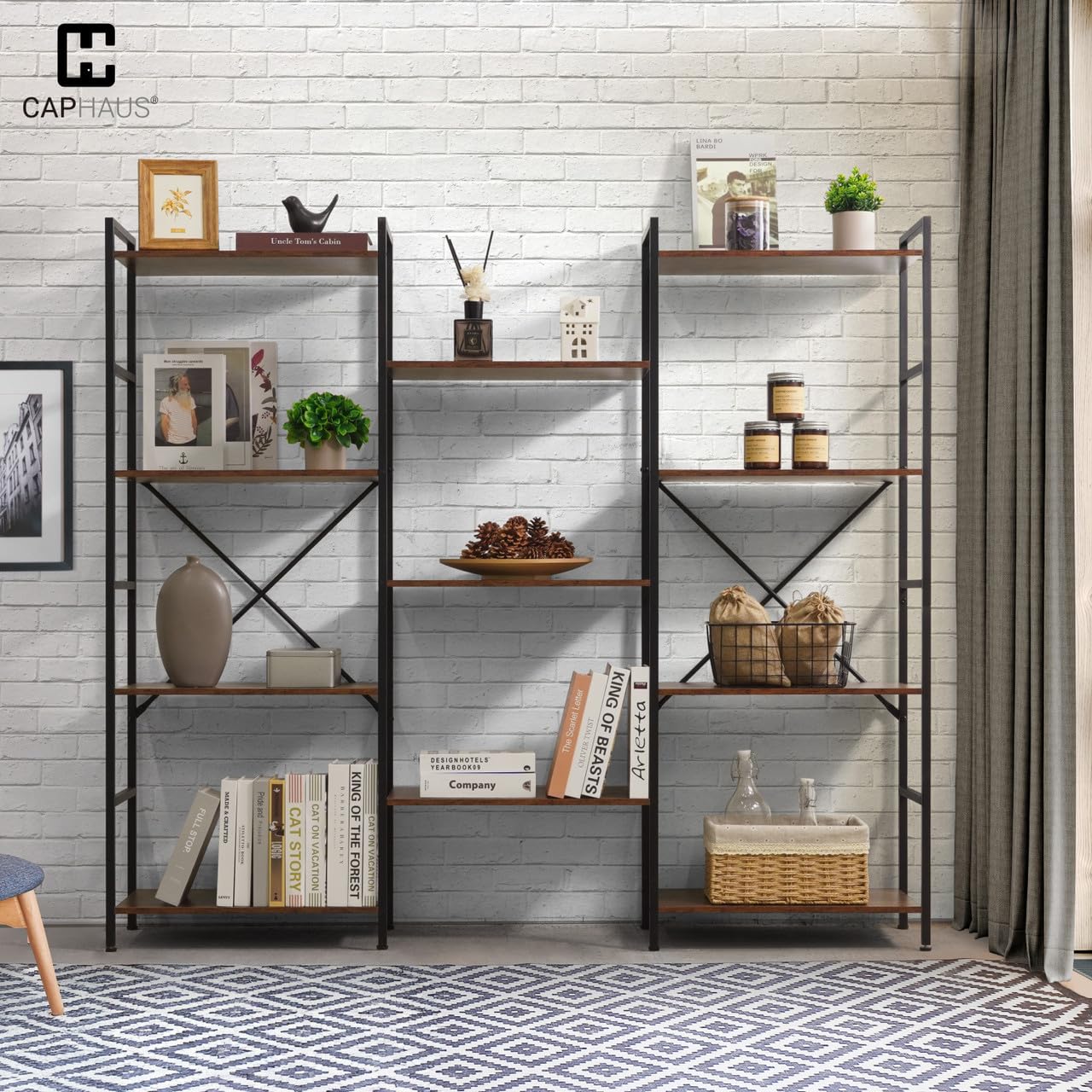 4-Tier Industrial Bookshelf with 11 Shelves