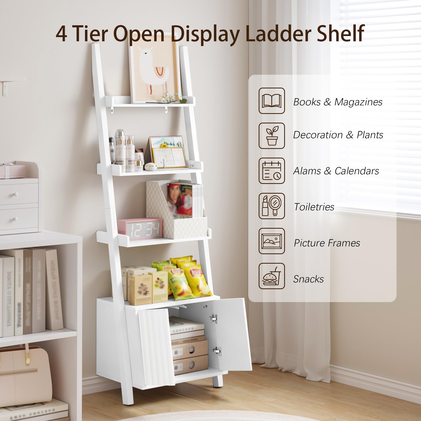 Four-Layer Ladder Bookshelf with Storage Cabinet
