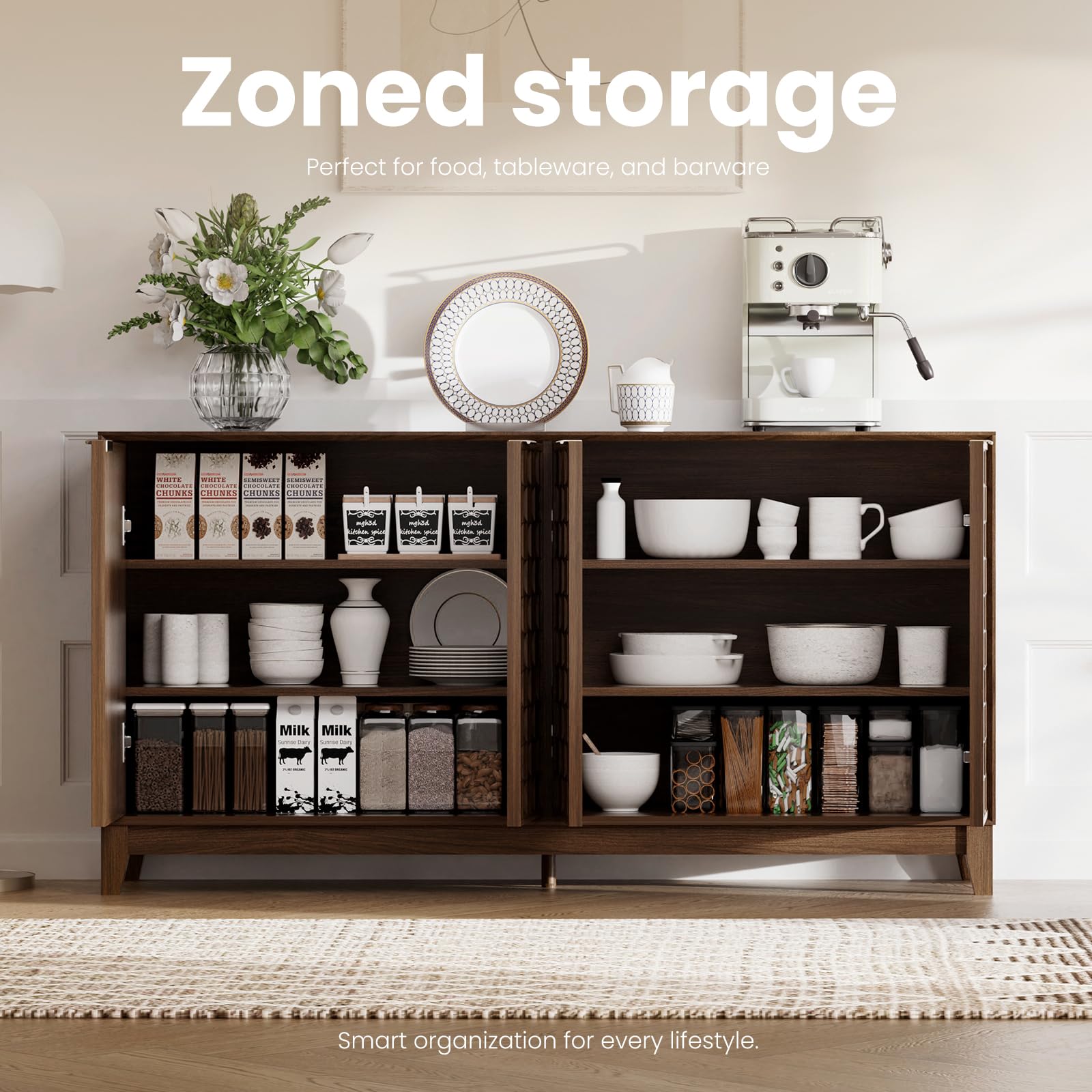 Fluted Sideboard Cabinet with Storage and Adjustable Shelves