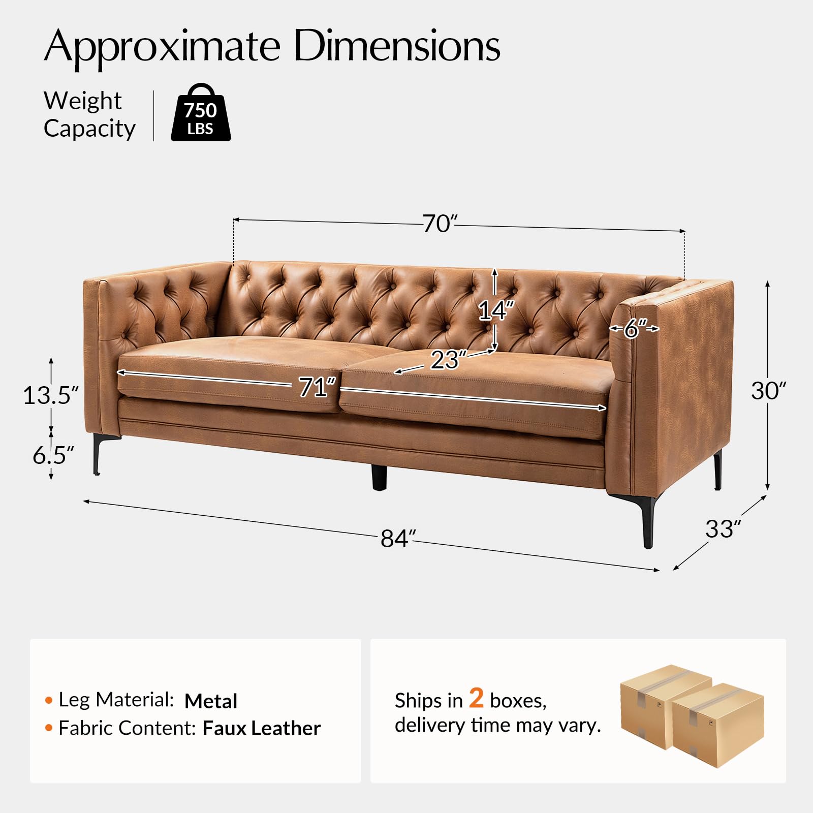 84" Faux Leather Sofa Camel