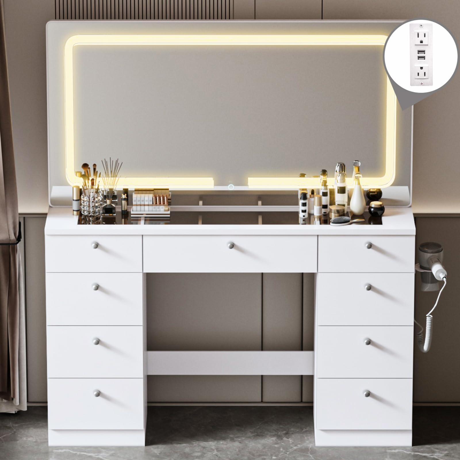 46 Inch Makeup Vanity Desk with Mirror and LED Lights