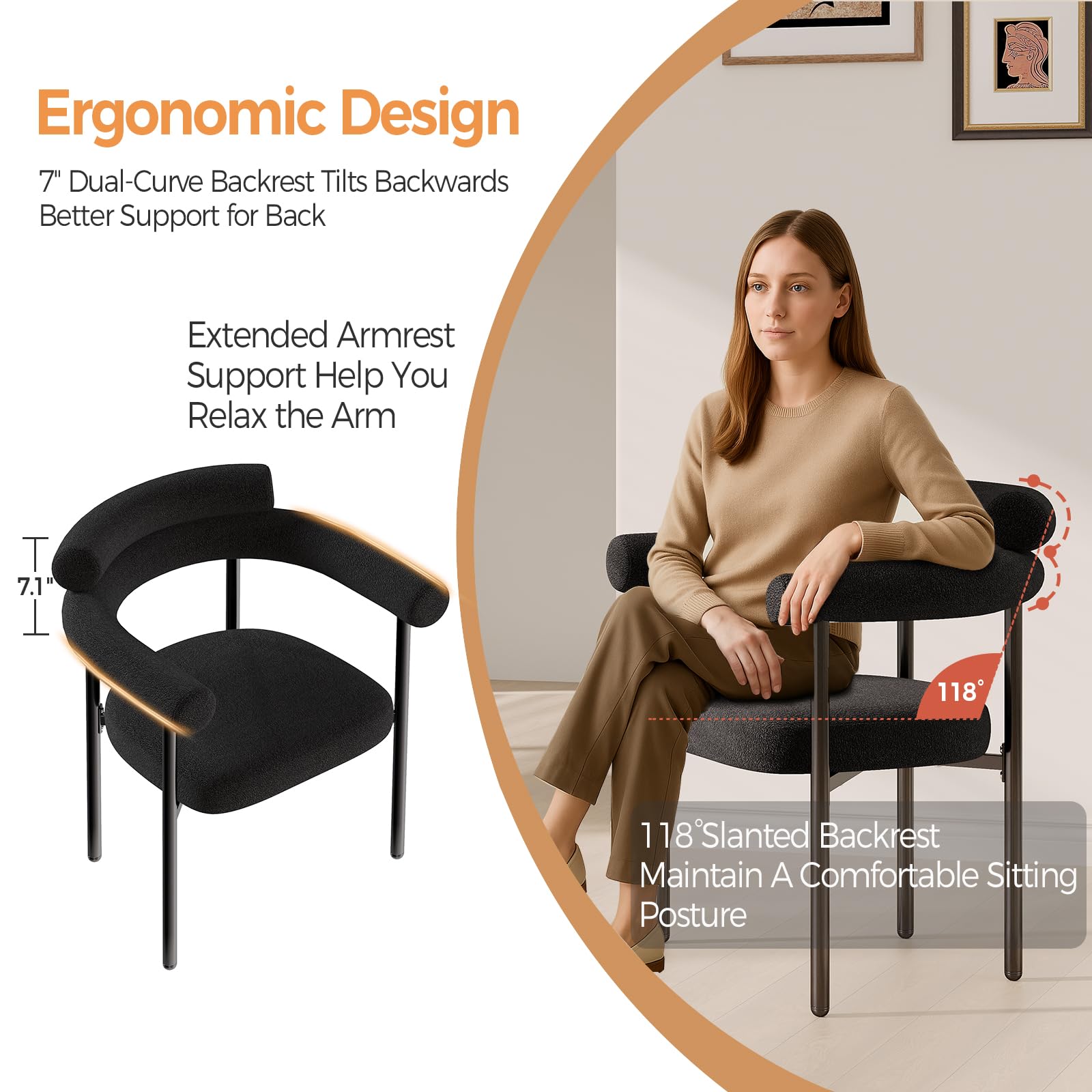 Modern Black Boucle Dining Chairs Set of 4 with Arms