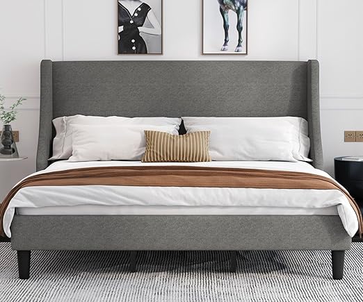 Queen Size Upholstered Platform Bed Frame with Vertical Striped Wingback Headboard