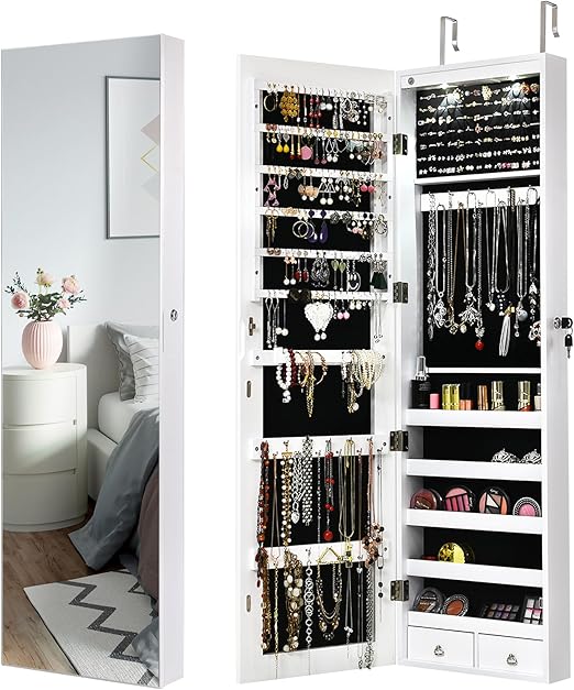 Wall-Mounted Jewelry Armoire with Full-Length Mirror and LED Lights