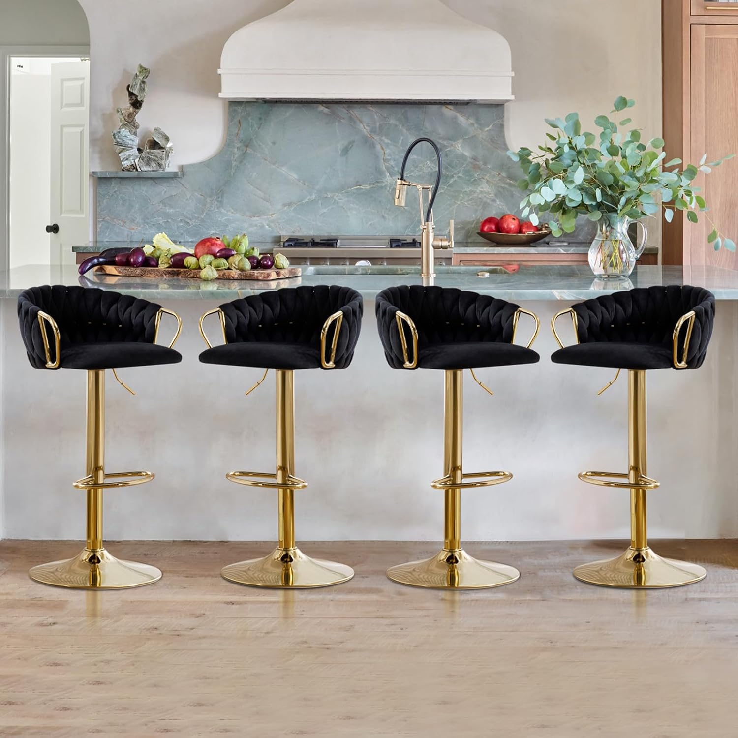 Velvet Bar Stools Set of 2 with Woven Back
