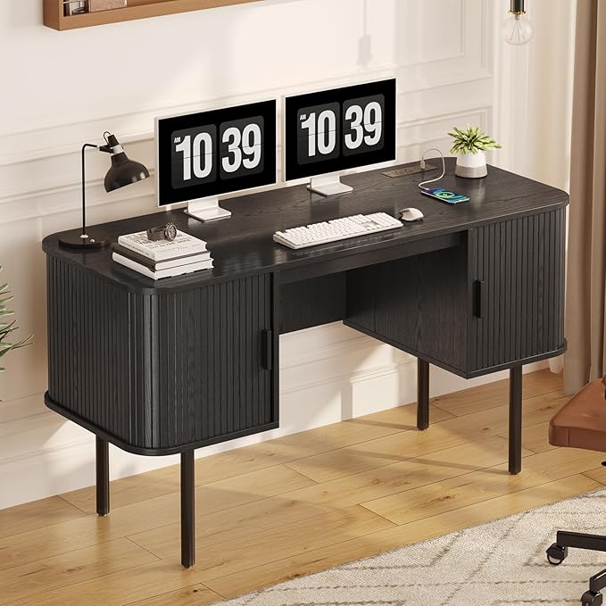 55 Inch Fluted Computer Desk with Charging Station