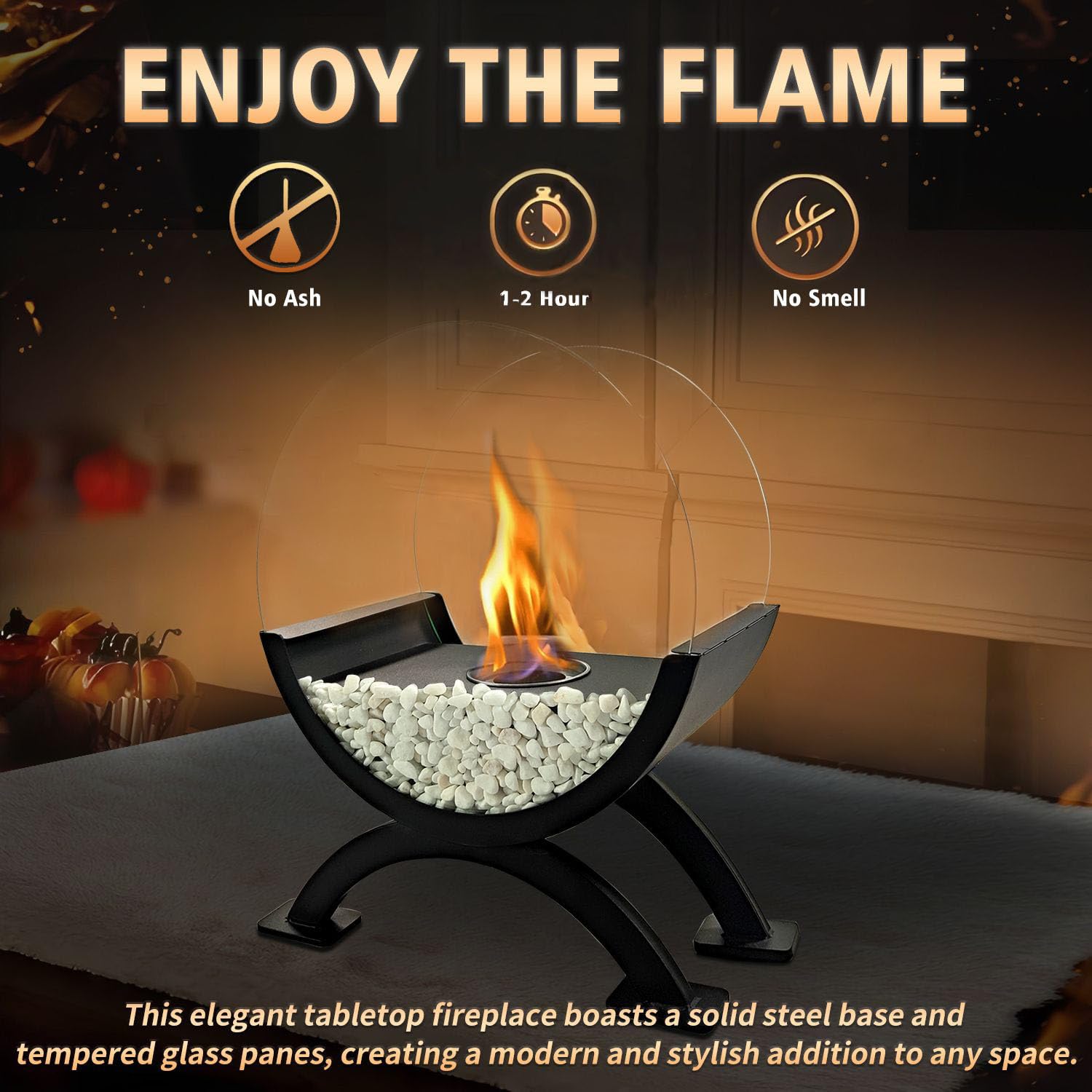 Round Glass Tabletop Fireplace with Tempered Glass