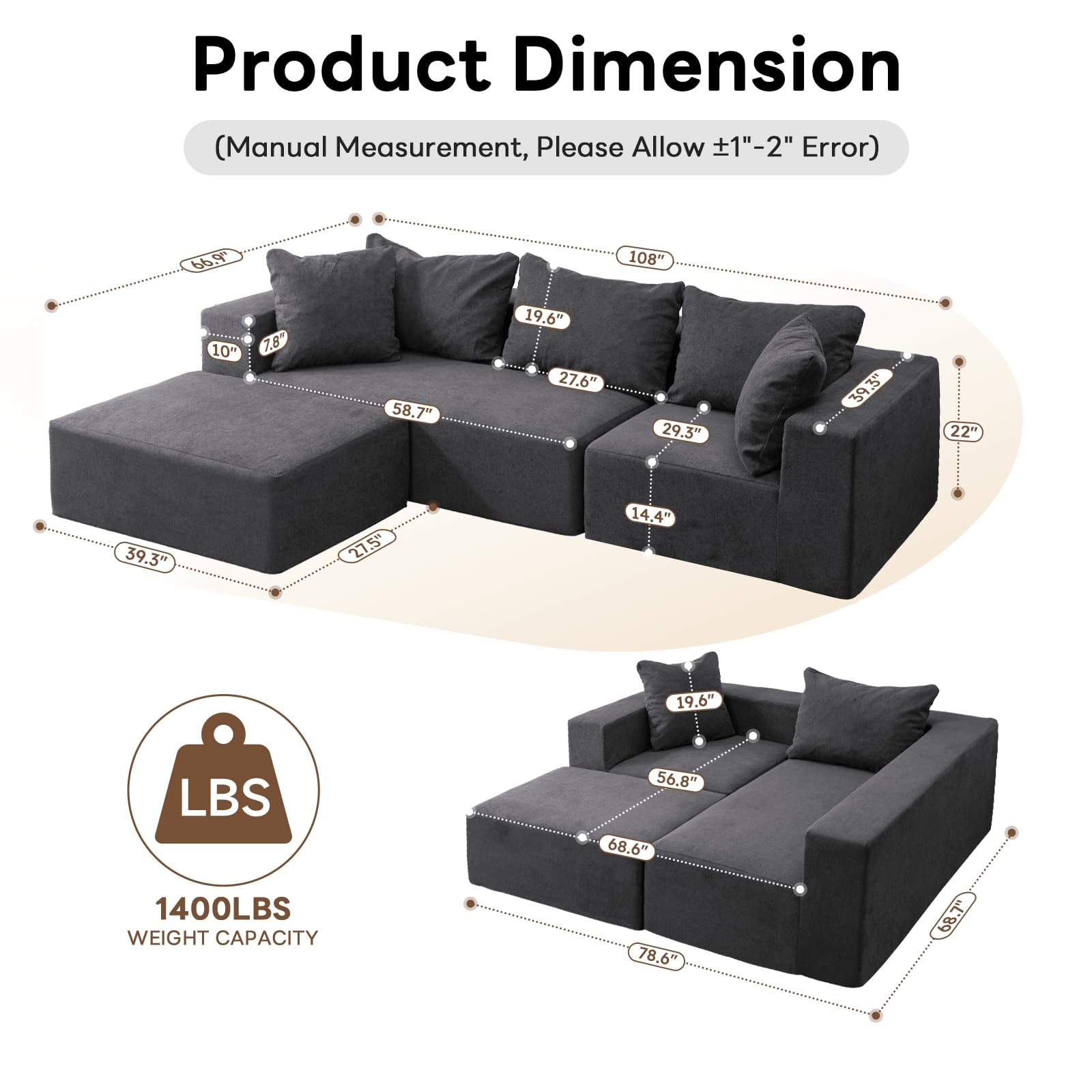 Modular Sectional Sofa L-Shaped with Deep Seat