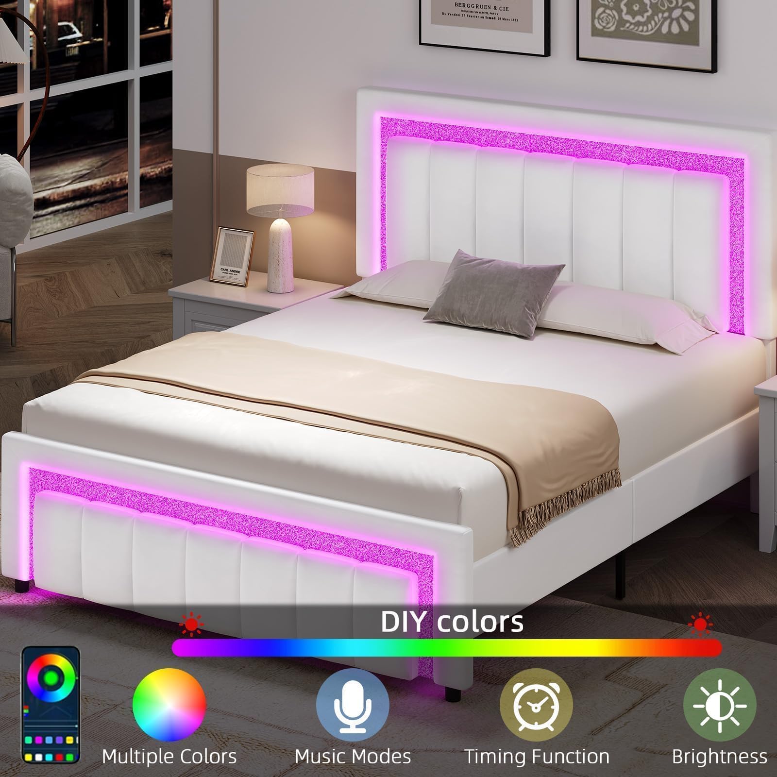 Queen LED Bed Frame with Diamond Tufted Headboard