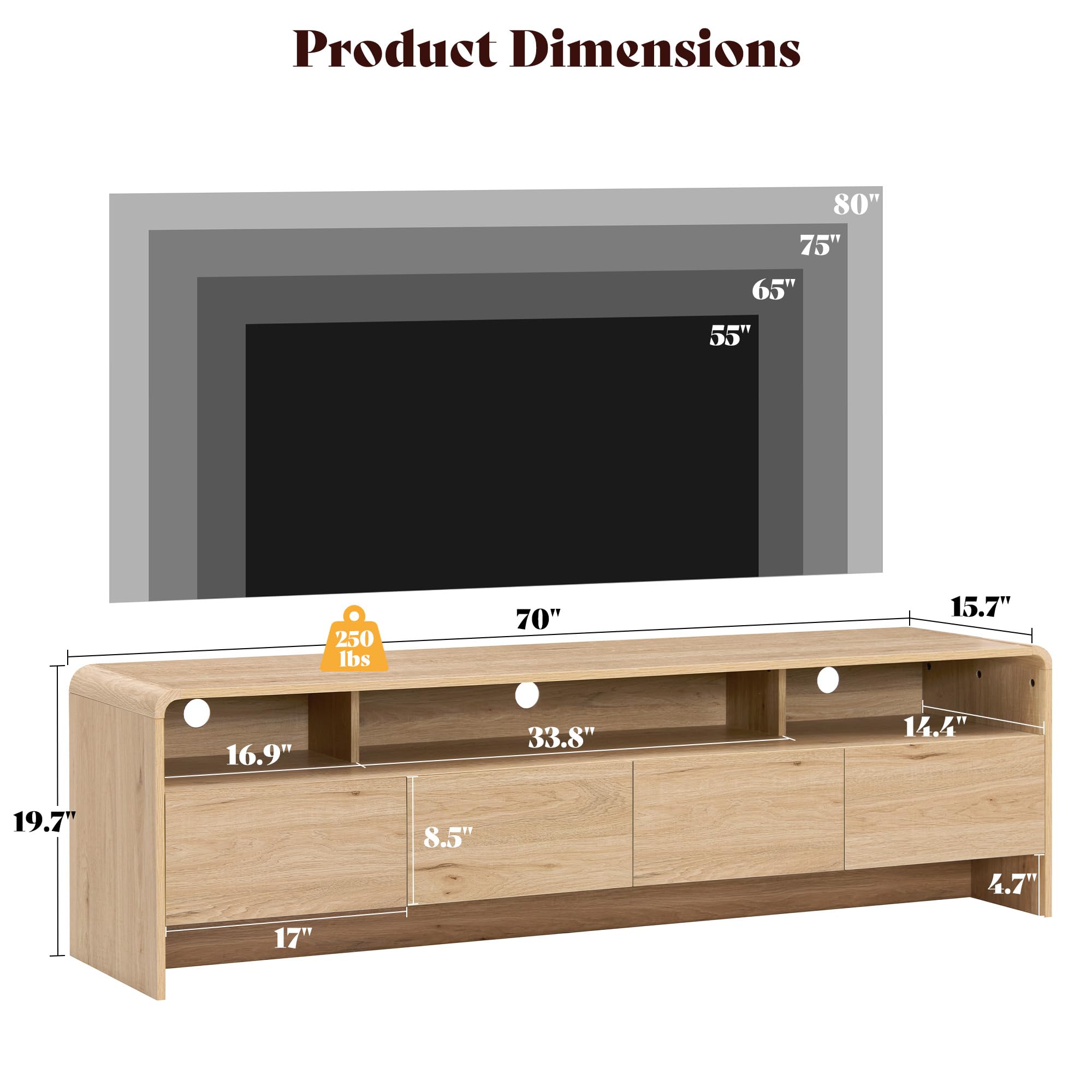 70" Modern TV Stand with Curved Profile & Storage Cabinets