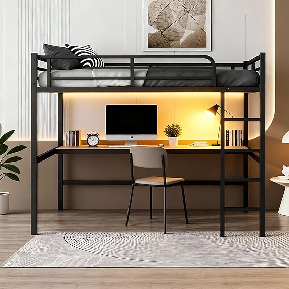 Queen Loft Bed with Desk and LED Lights
