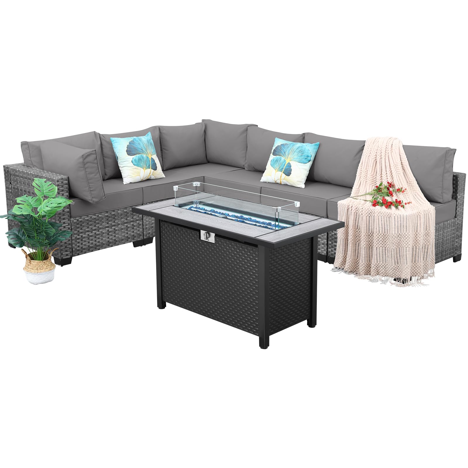 7-Piece Wicker Patio Sectional with Fire Pit