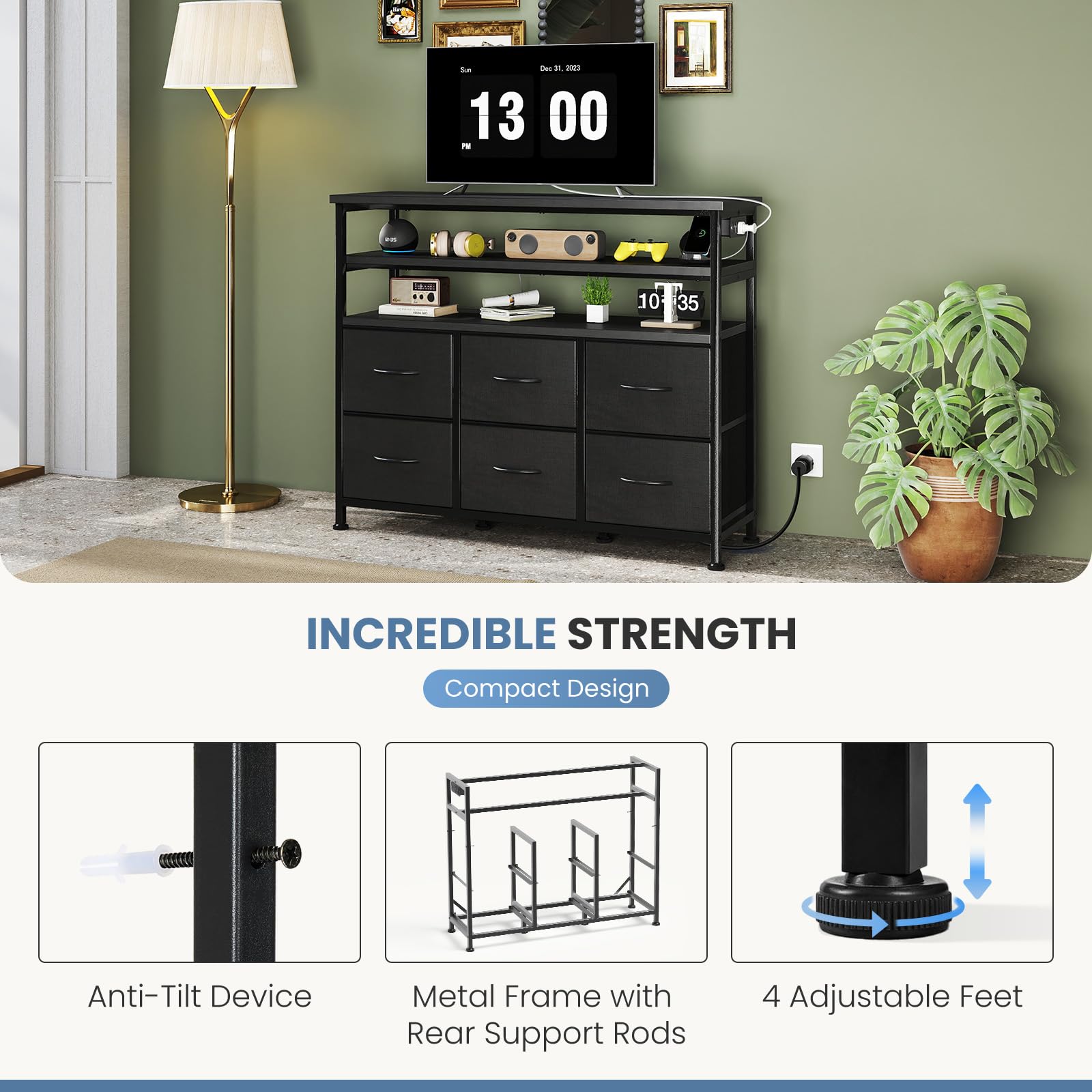 TV Stand with LED Lights and Charging Station