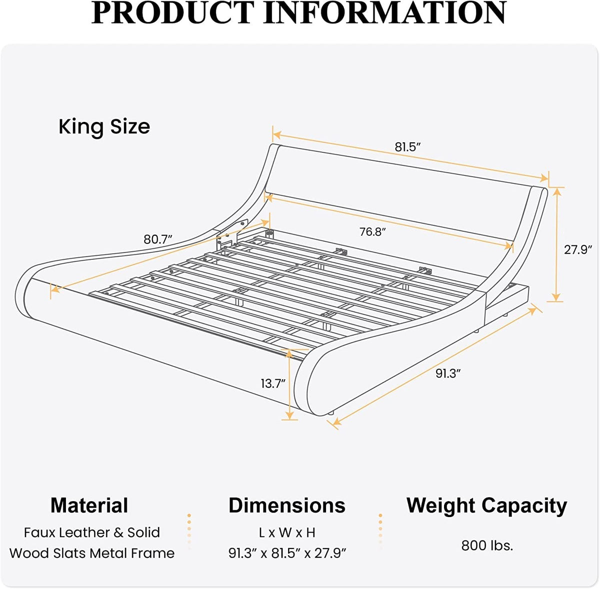 King Size Platform Bed Frame with Faux Leather Headboard