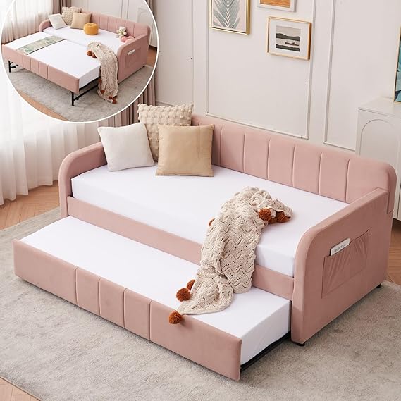 Twin Velvet Corner Daybed with Liftable Trundle and USB Charging