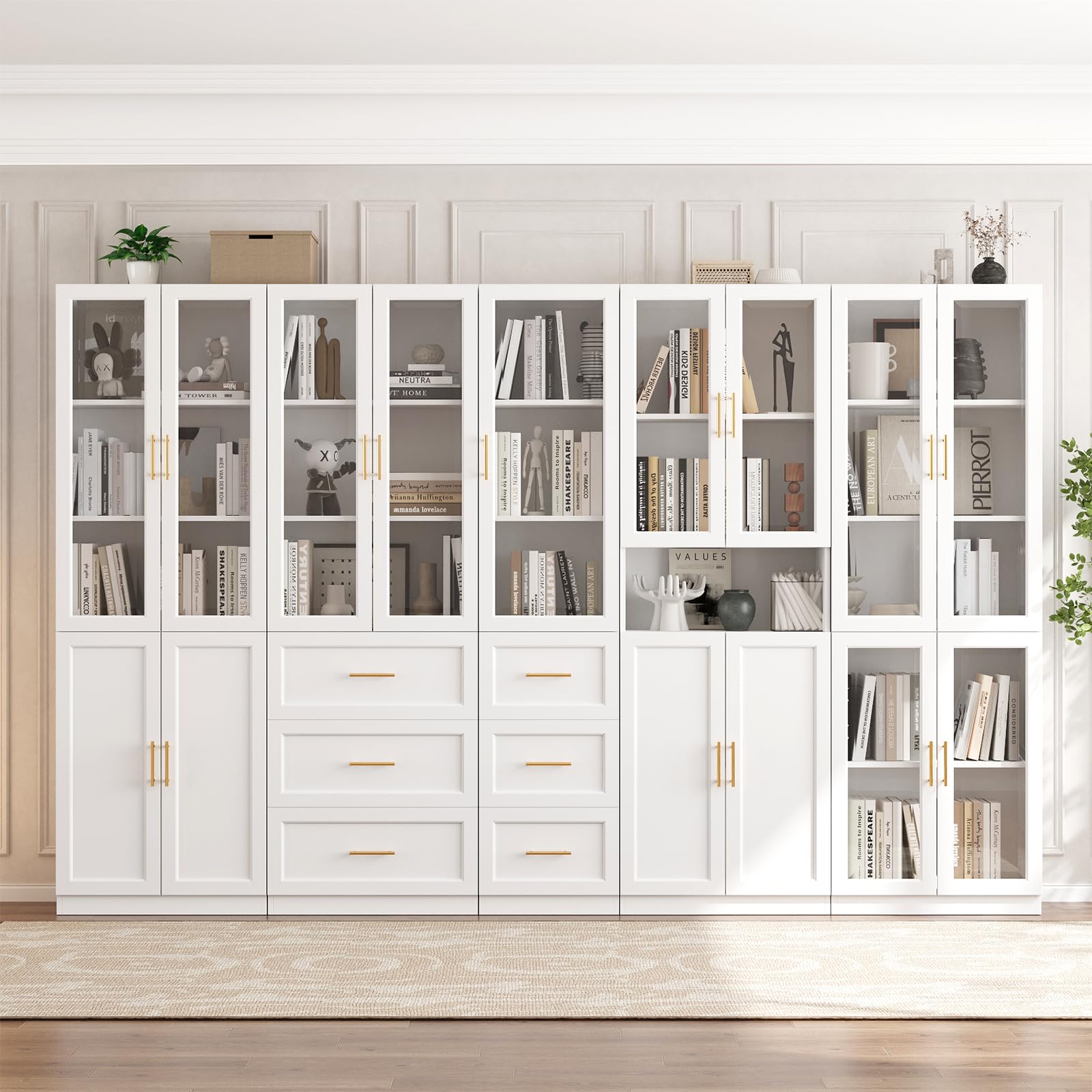 White Bookcase with Glass Doors and Drawers