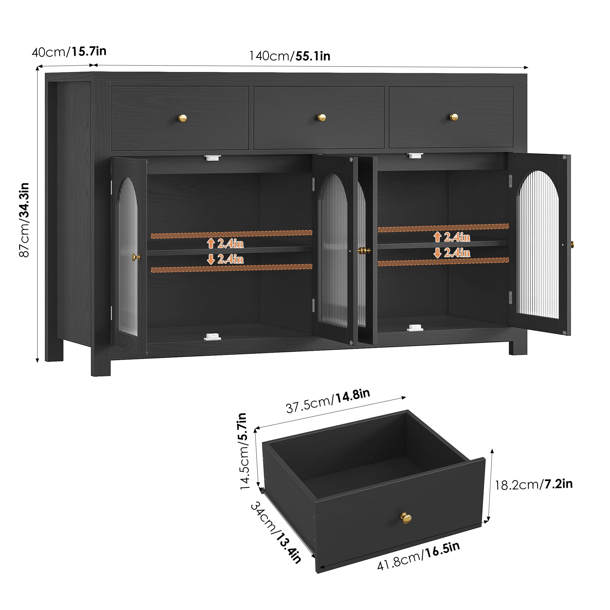 55" Black Buffet Cabinet with Storage