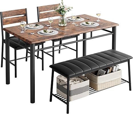 4-Piece Dining Table Set with Upholstered Bench