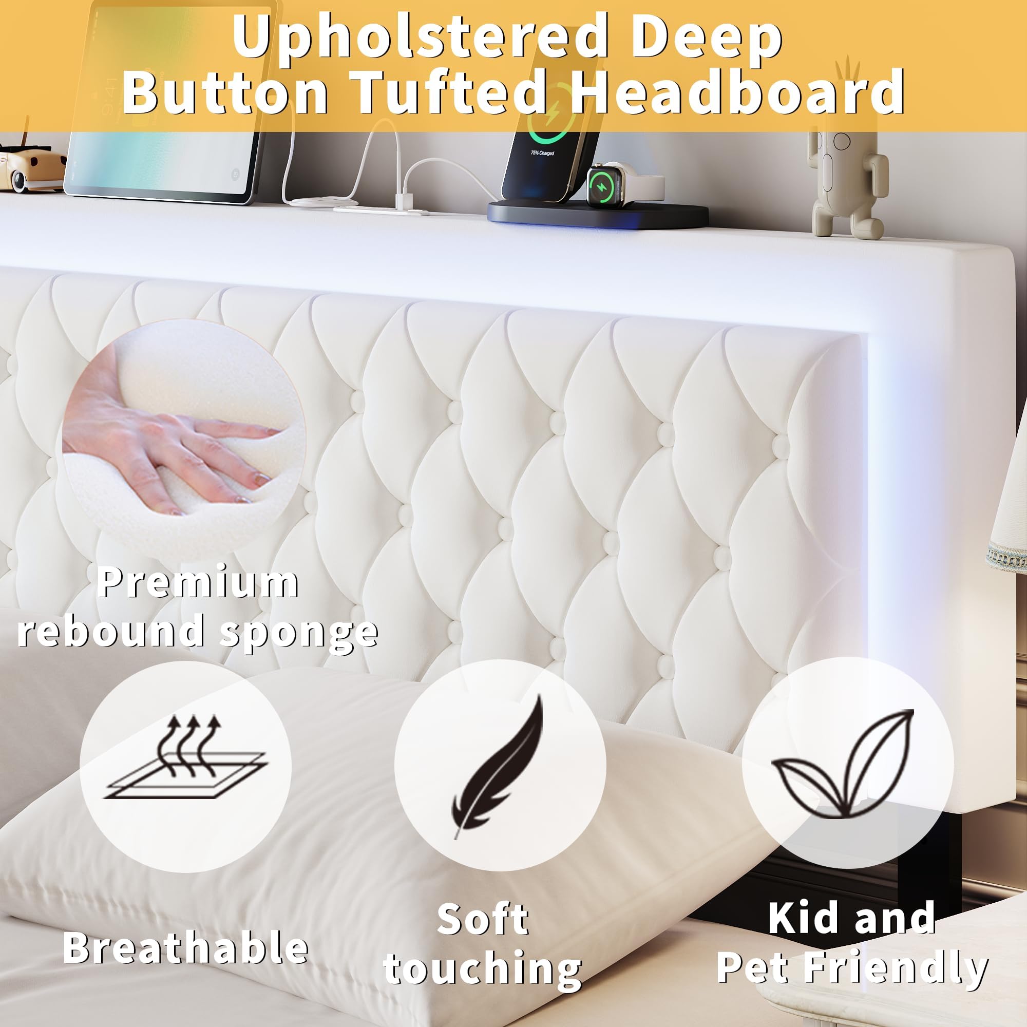 Queen Bed Frame with LED Headboard and Storage