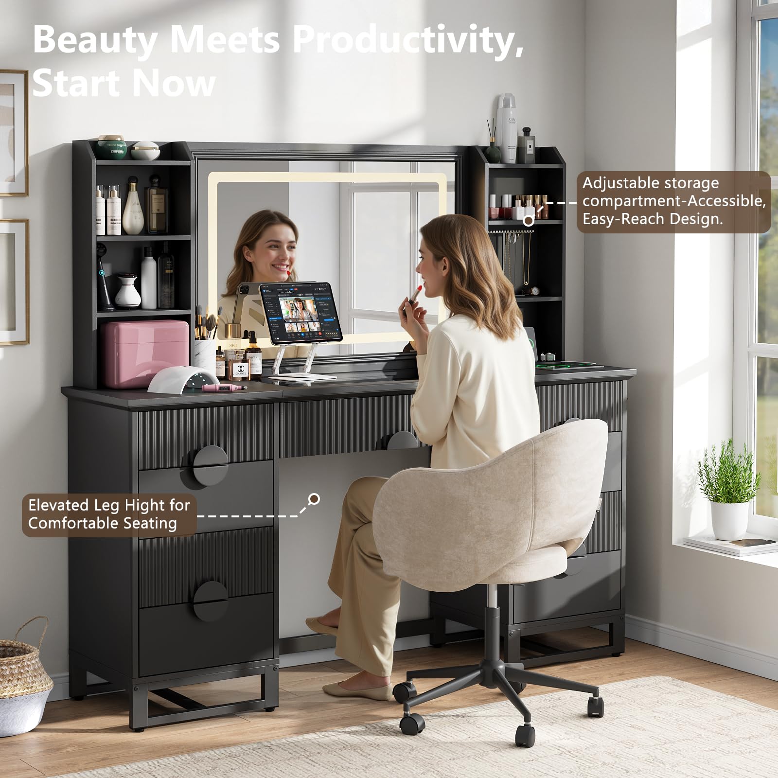 60" Fluted Vanity Desk with Mirror and Lights