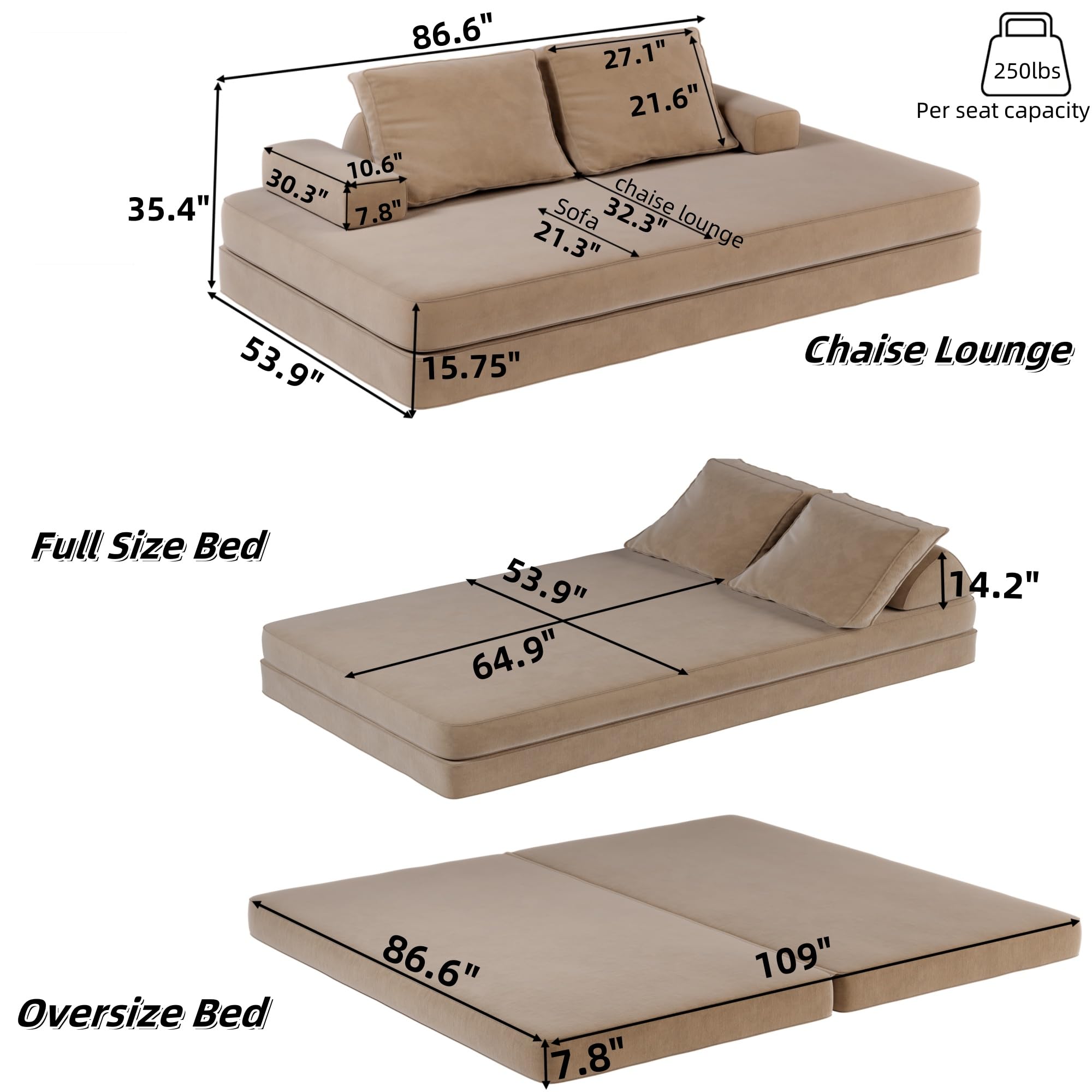 Convertible Floor Sleeper Sofa Bed with Adjustable Backrests