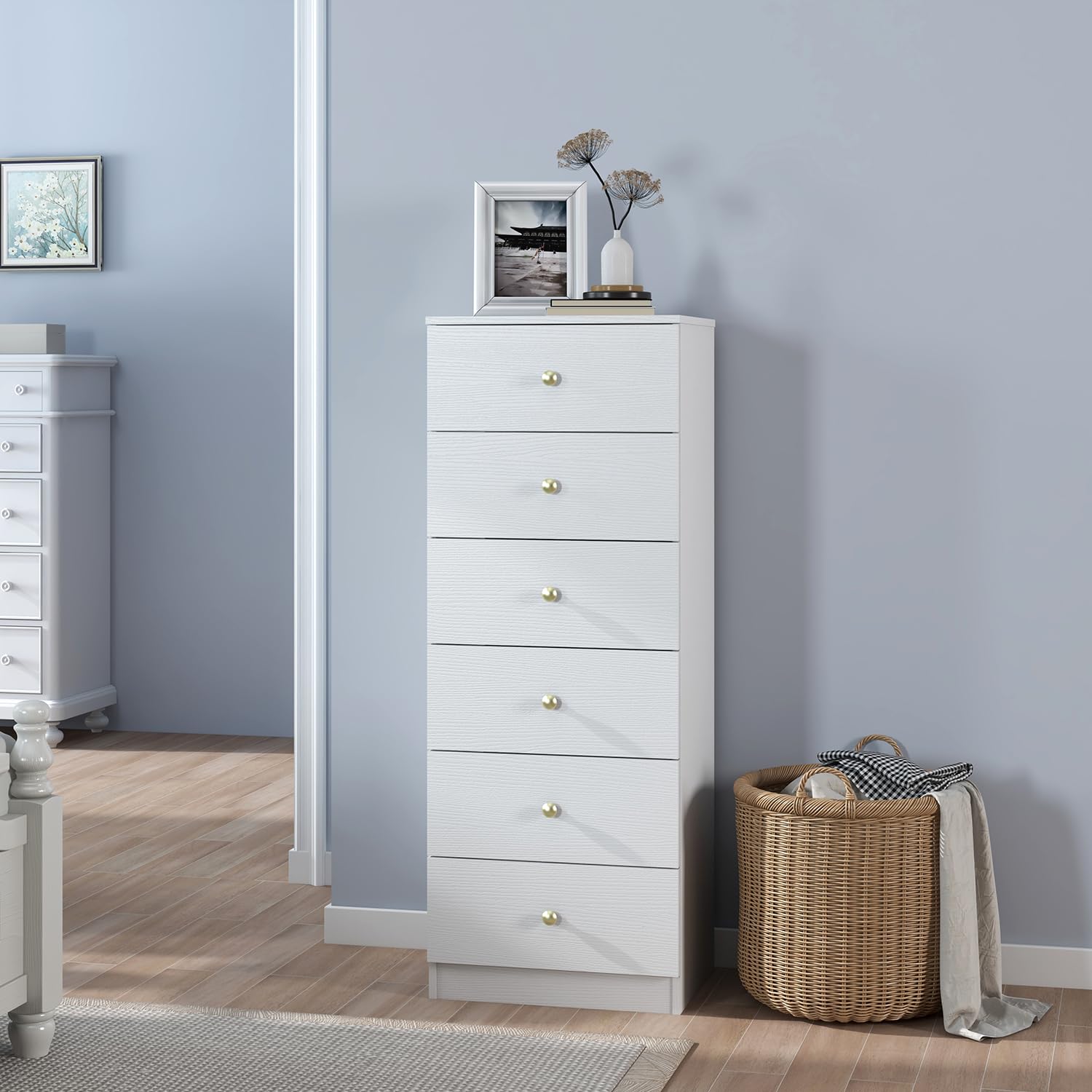 6 Drawer Vertical Dresser with Gold Handles