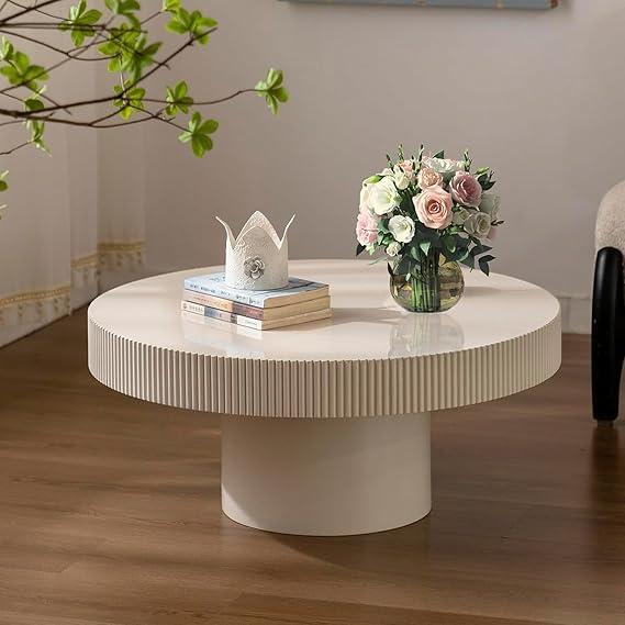 Oval Drum Coffee Table Modern Cream White Pedestal