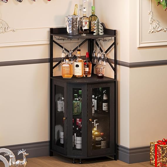 Corner Wine Bar Cabinet with LED Lights