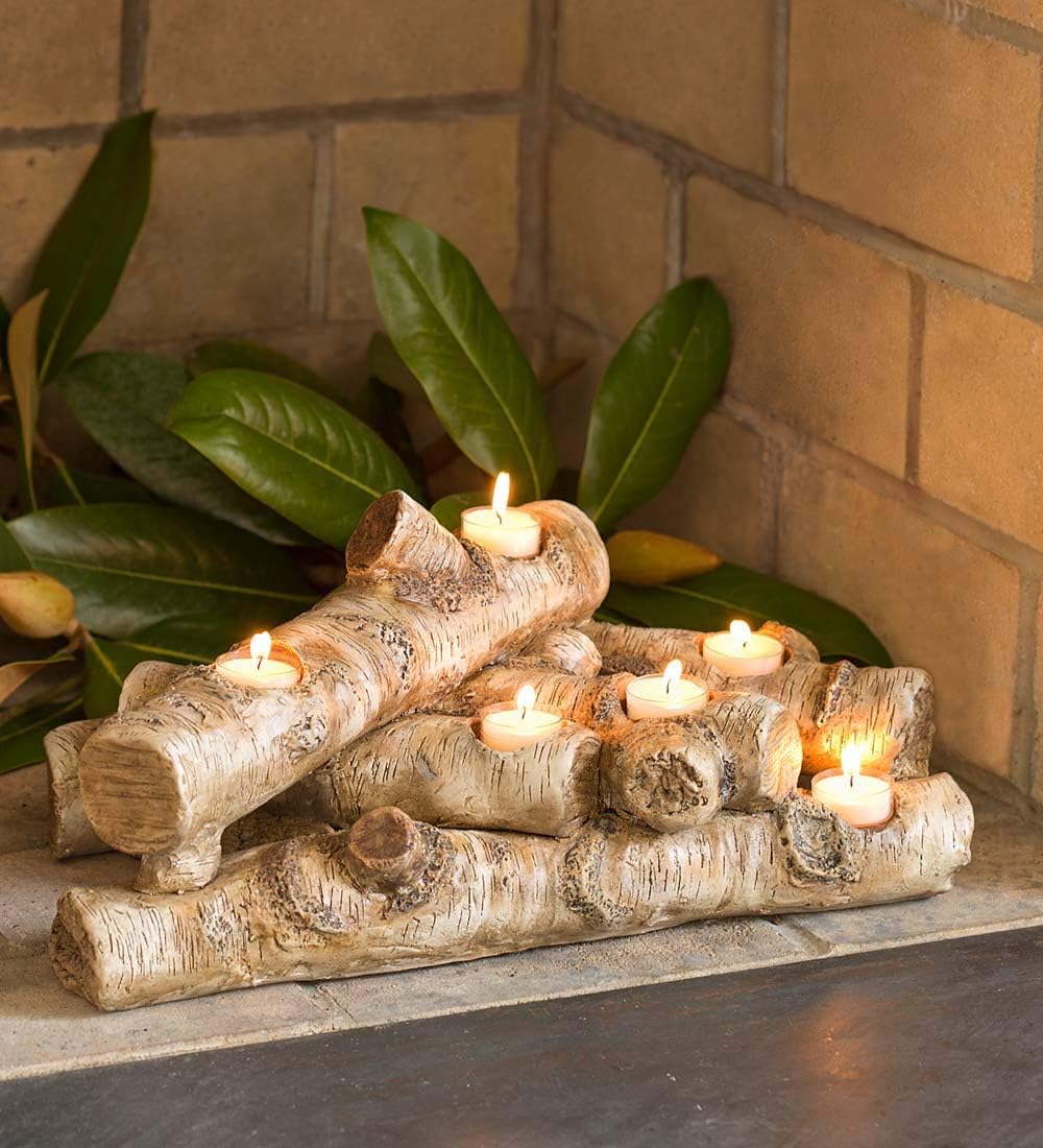 Faux Birch Wood Resin Logs Tea Light Candle Holder