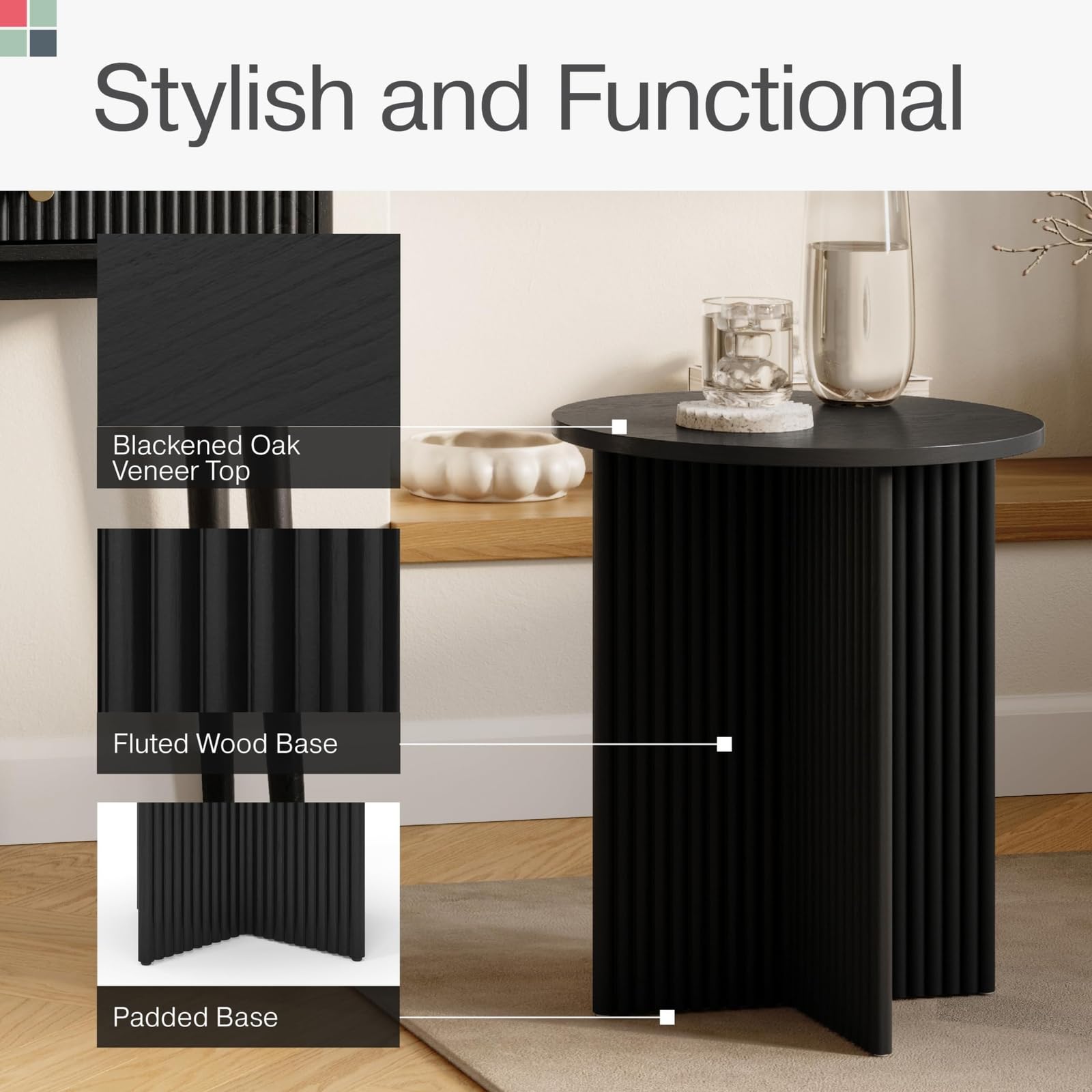 Fluted Round Side Table with Pedestal Base