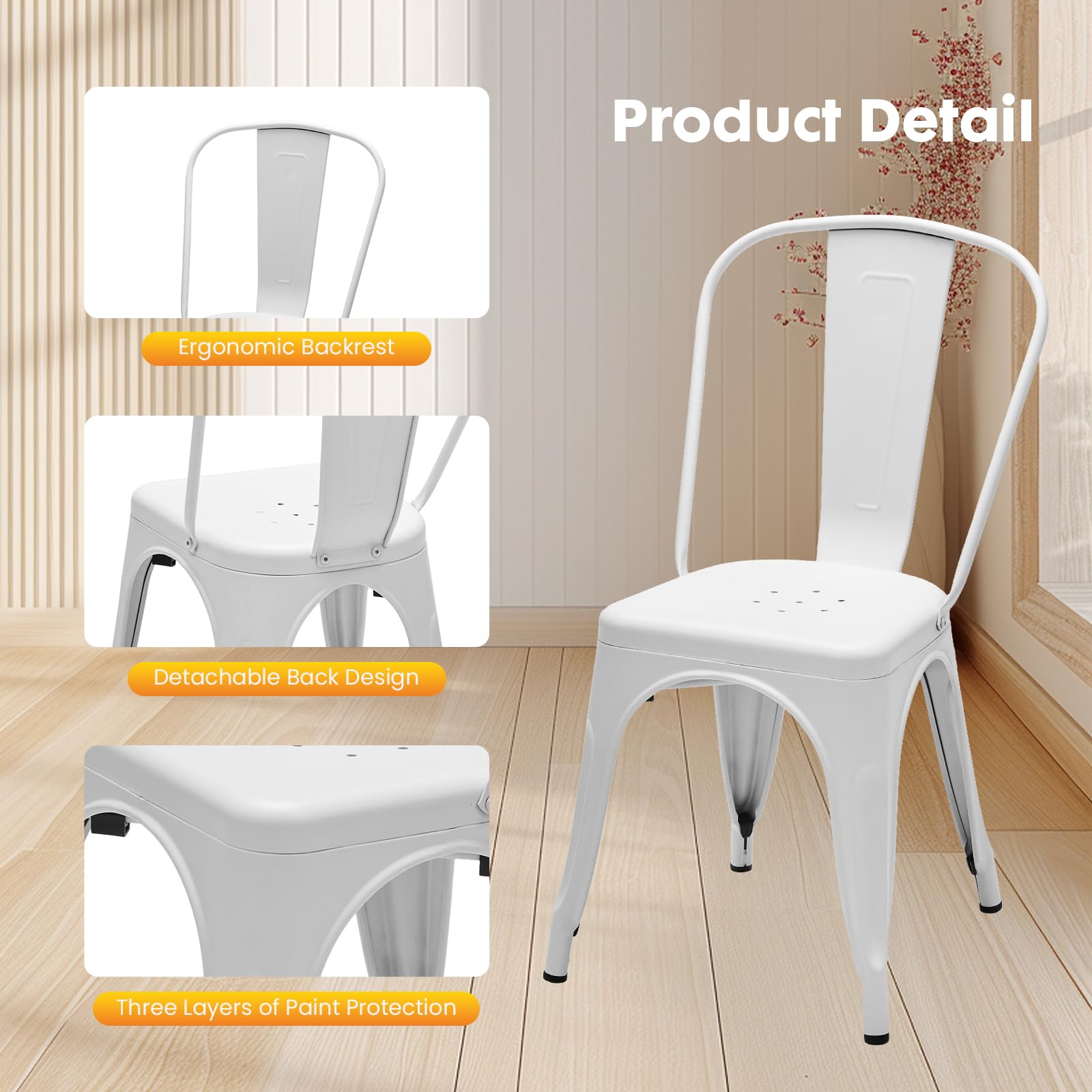Metal Dining Chairs Set of 8 - Stackable Restaurant Chairs