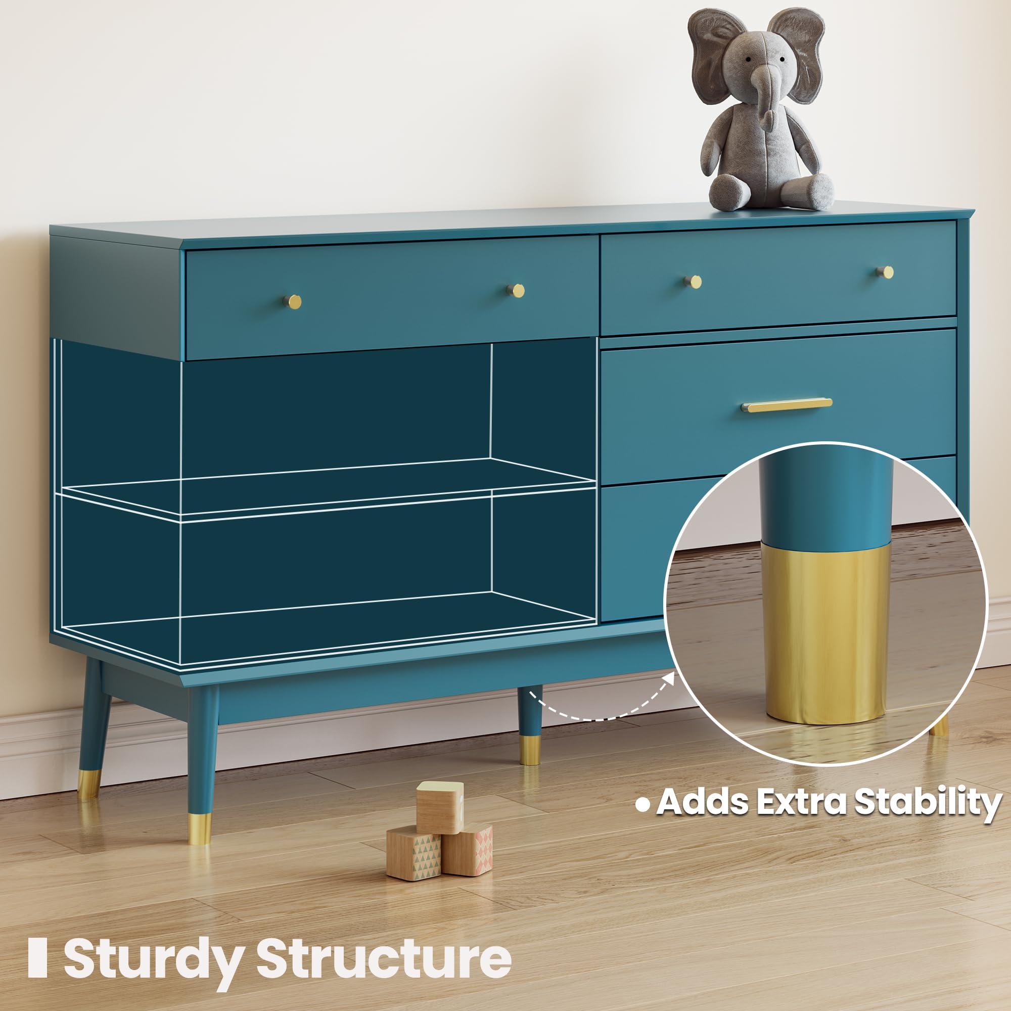 Teal Blue 6 Drawer Dresser with Gold Handles