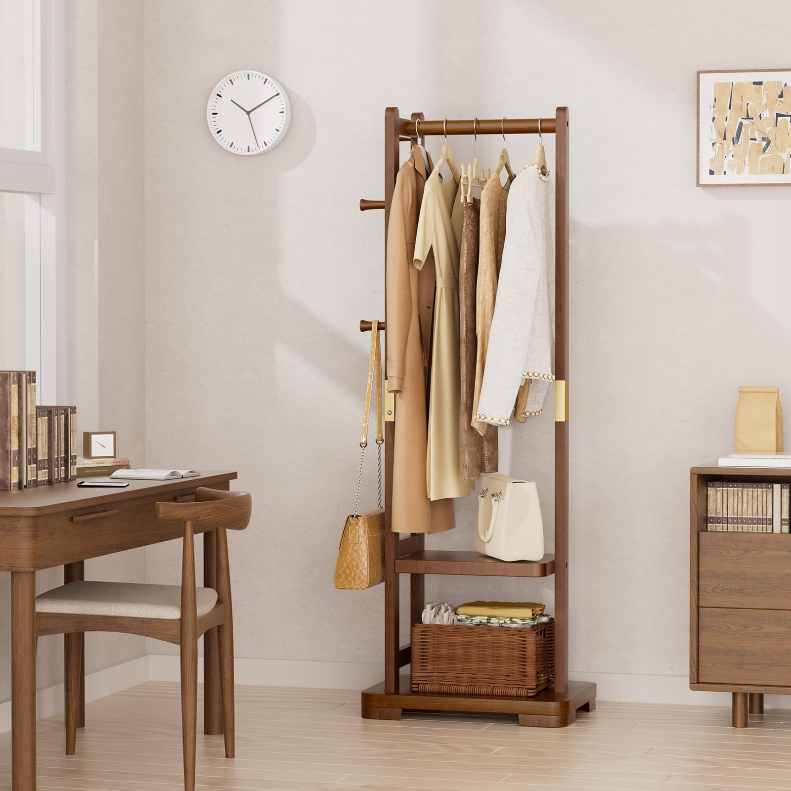 Solid Wood Coat Rack with 2 Shelves & 4 Hooks