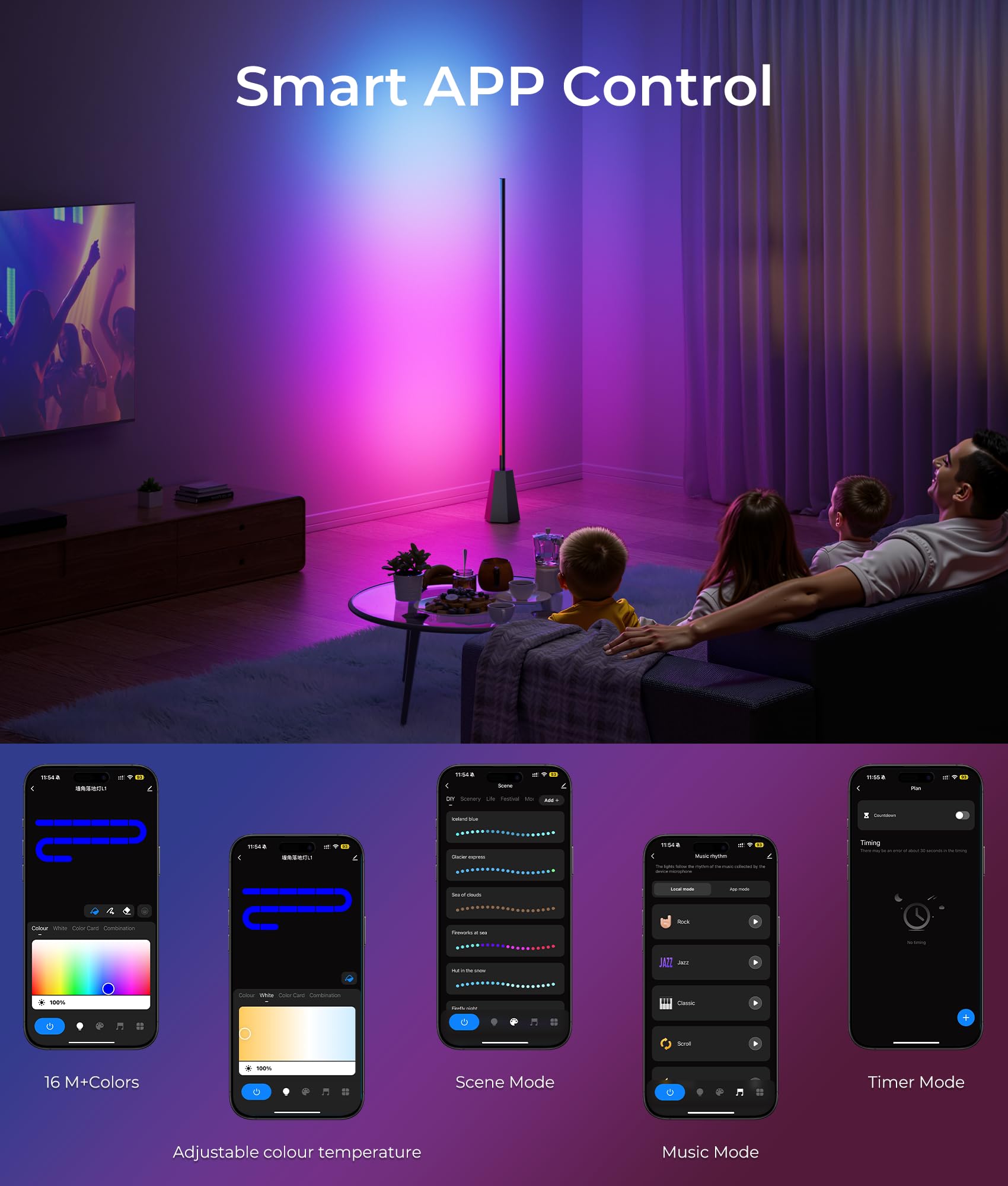 RGBCW Smart Corner Floor Lamp with Music Sync