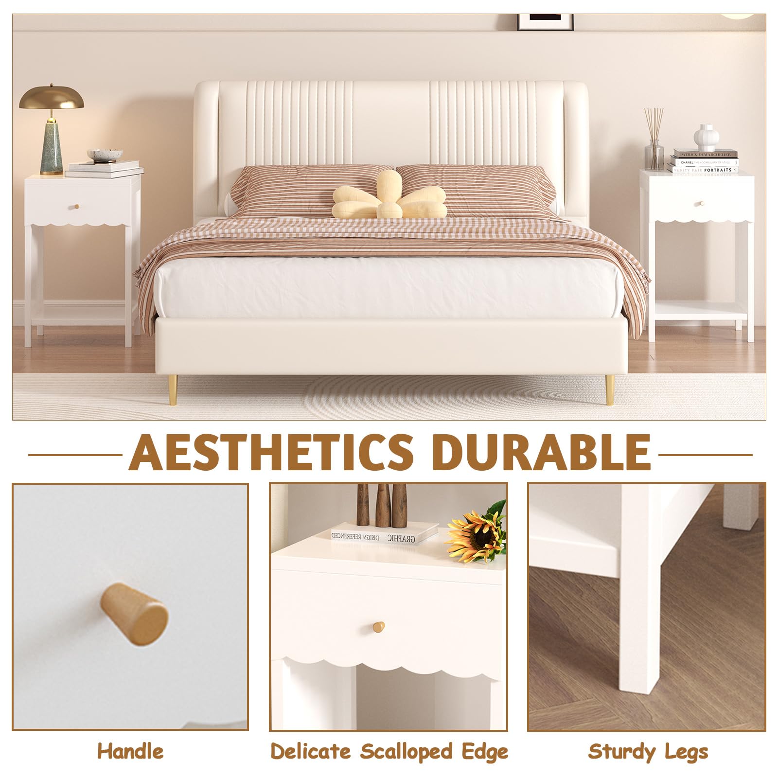 Scalloped Edge Nightstand with Drawer and Storage Shelf