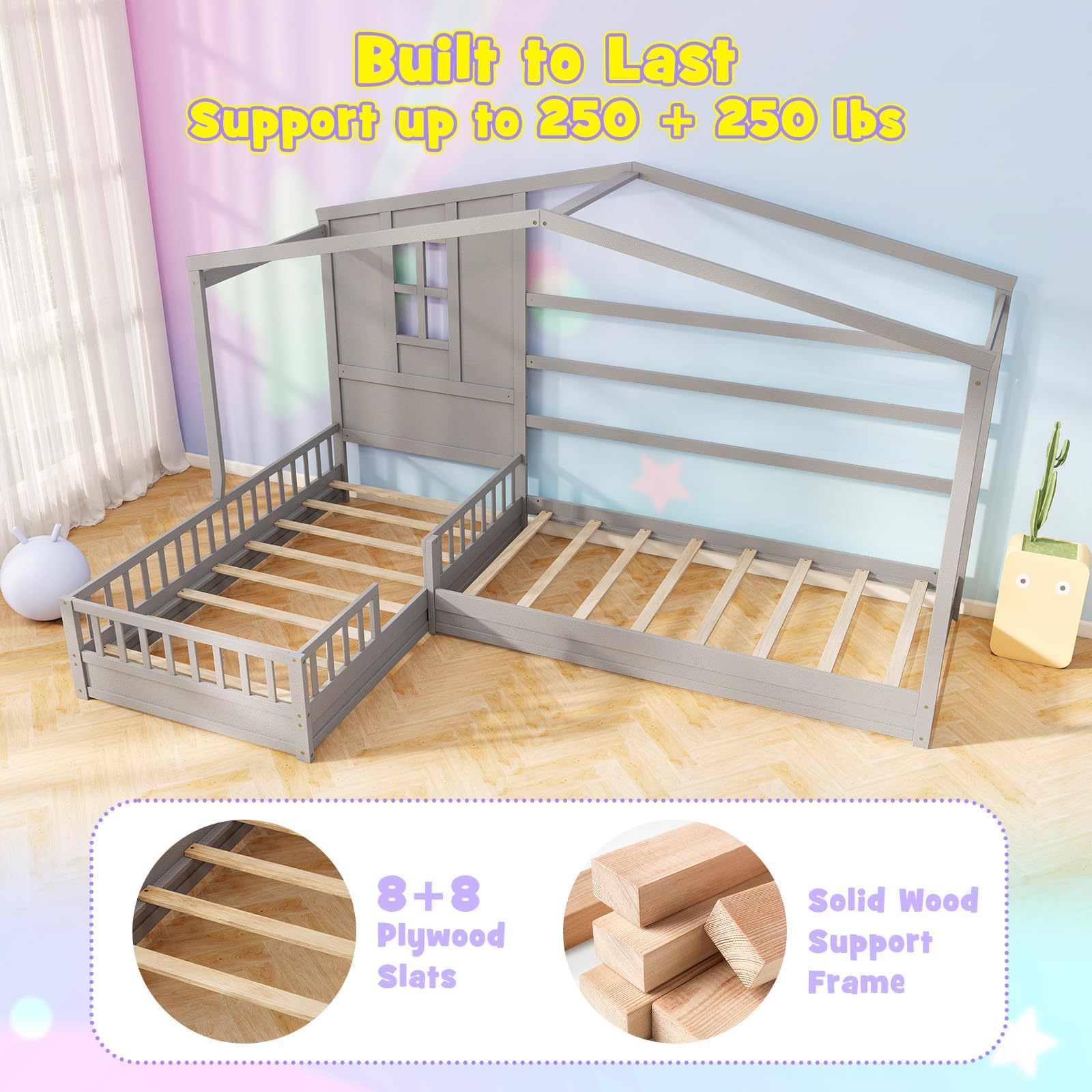 Double Twin L-Shaped House Bed with Window and Fences