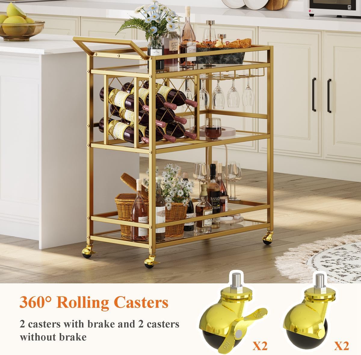 Gold Bar Cart with Wine Rack and Glass Holder