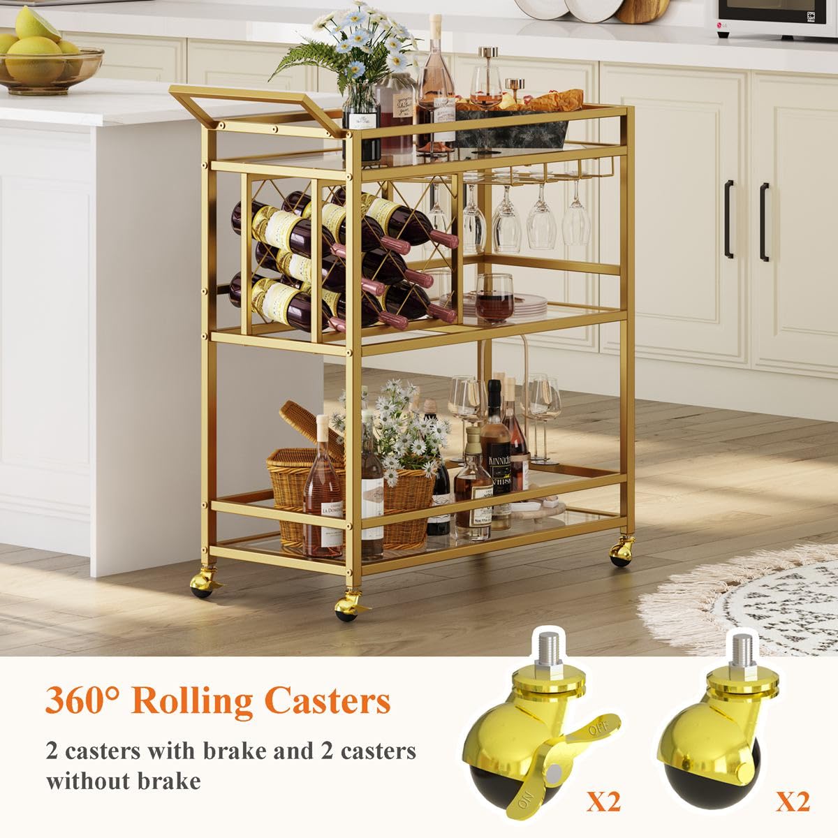 Gold Bar Cart with Wine Rack and Glass Holder
